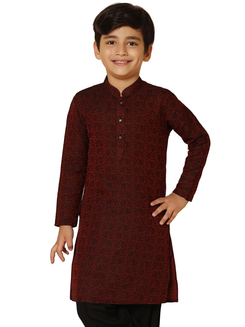 Kisah KidS Jacquard Full Sleeves Regular Fit Knee Length Woven Maroon Kurta (9-10Y)