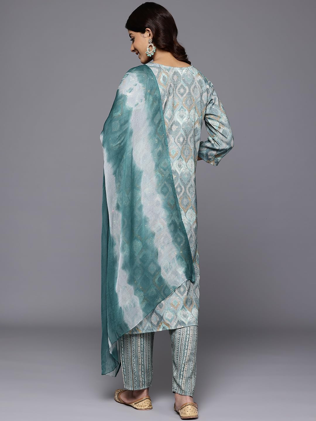 VARANGA Women Turquiose Blue Round Neck Embroidered Yoke Printed Kurta Paired With Printed Bottom & Tie-Dye Dupatta