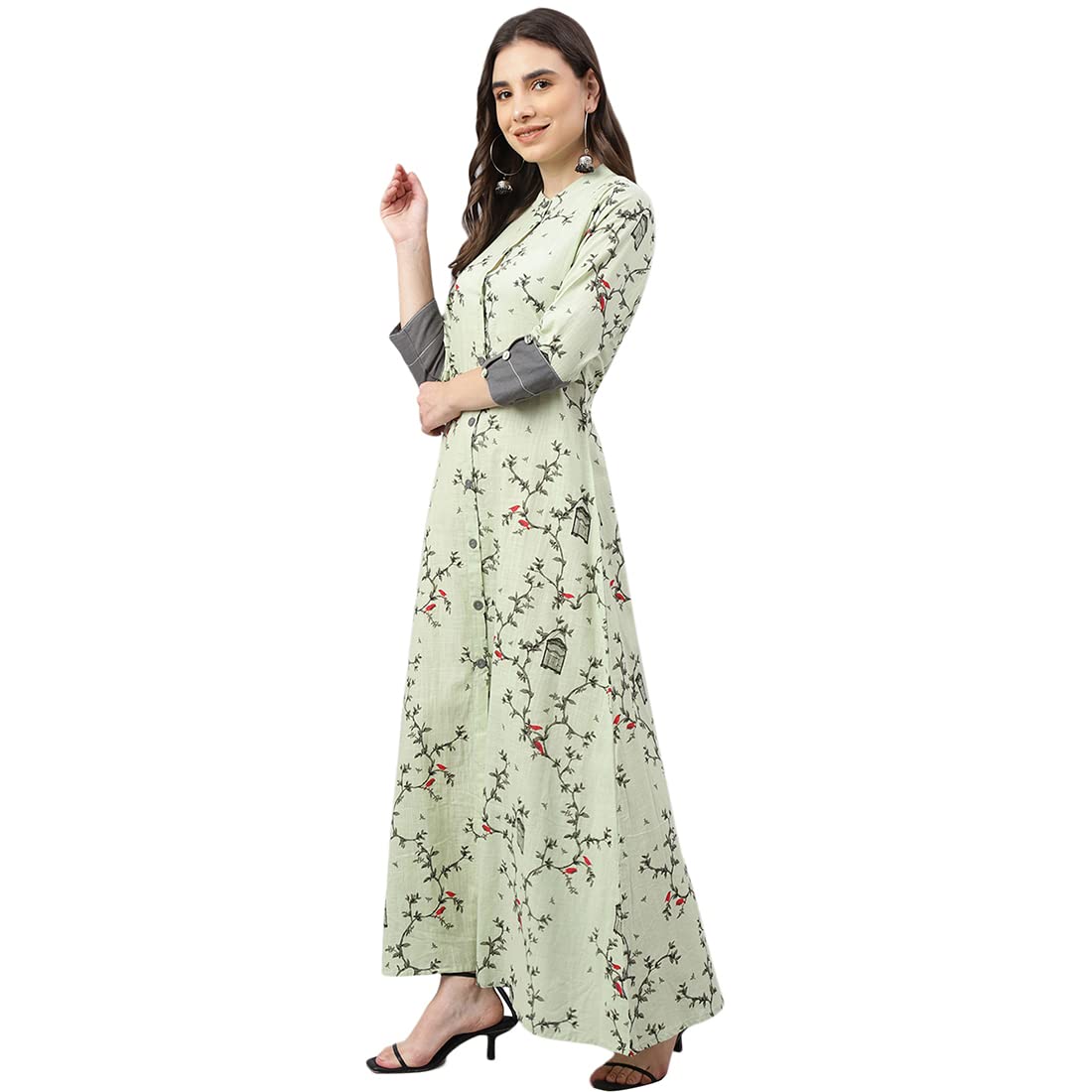idaLia Sage Green Printed A Line Cotton Kurta