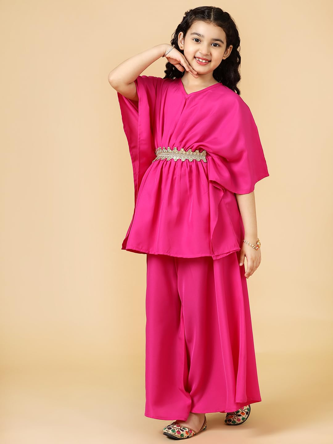 A.T.U.N. (ALL THINGS UBER NICE) Girls Solid Polysilk Fuchsia Kaftan with Flared Pant Set