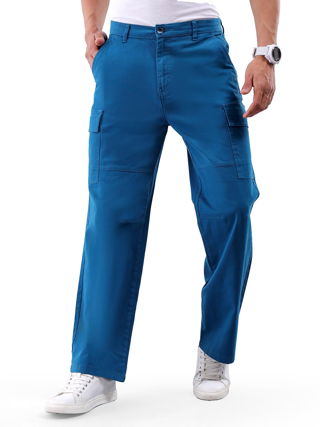The Indian Garage Co Men Relaxed Fit Solid Mid-Rise Stretchable Cargos Denim Blue