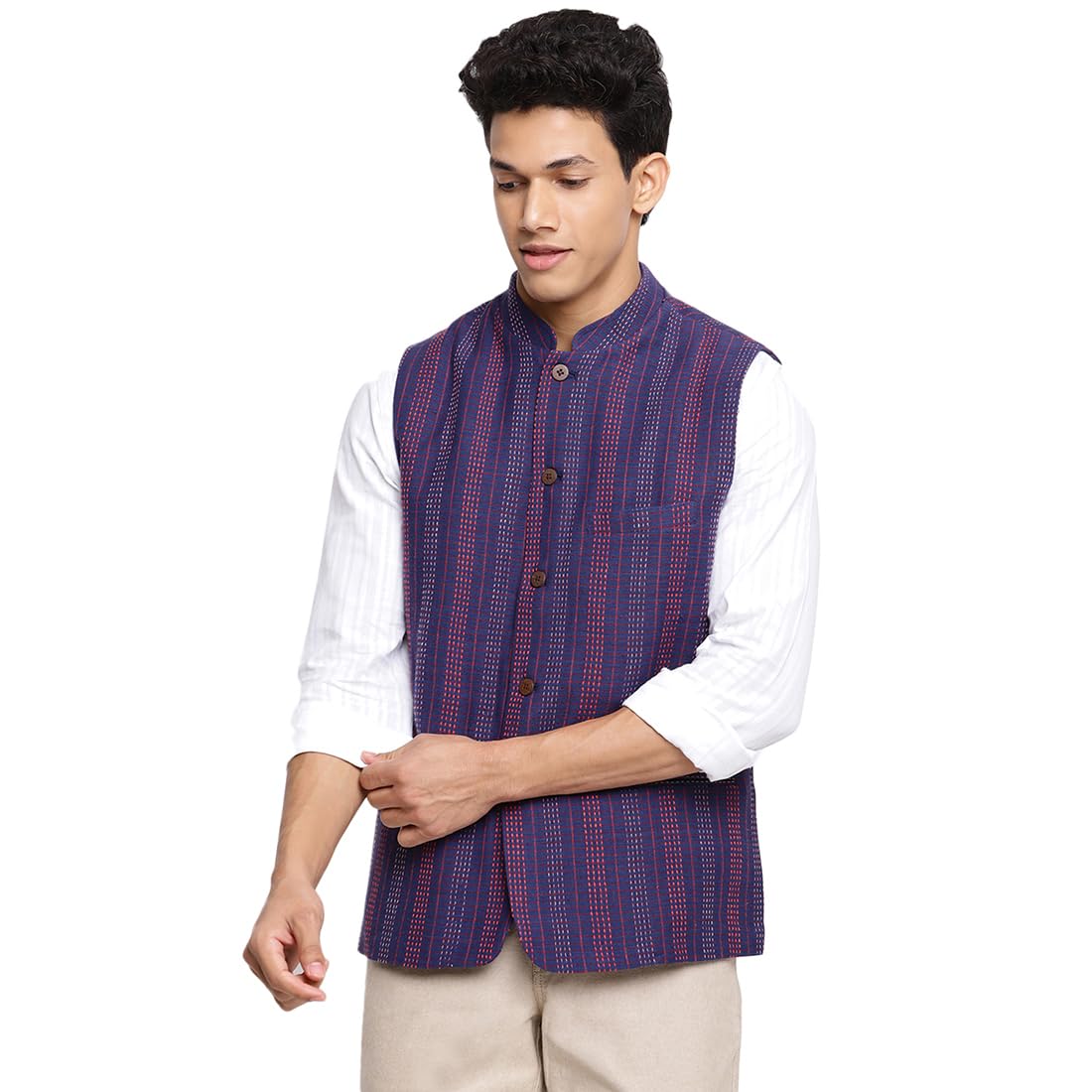 Fabindia Men's Blue Cotton Striped Jacket (102435801