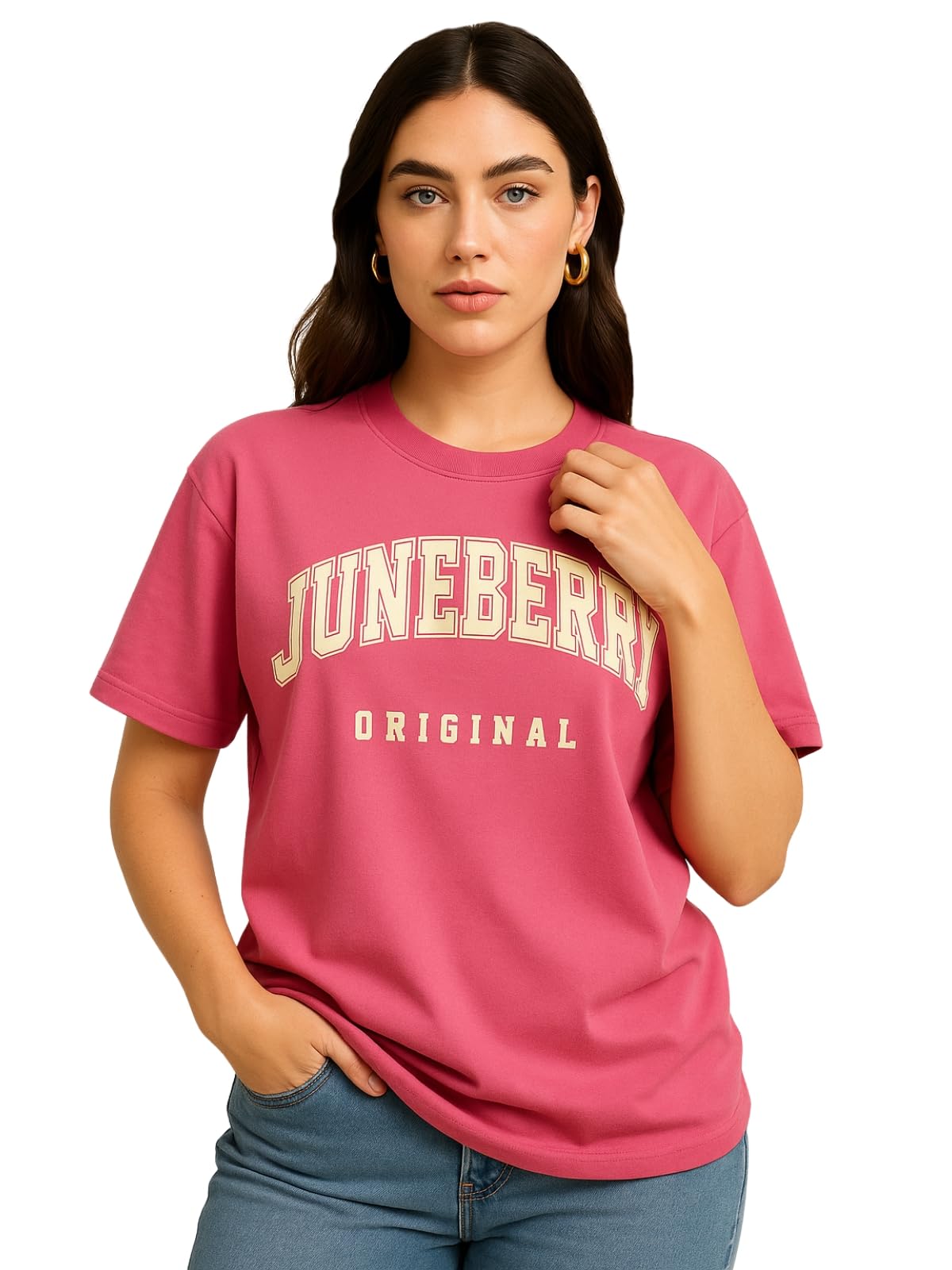 Juneberry 100% Pure Cotton Oversized Drop Shoulders Brand Logo Typography Print Round-Neck Relaxed Fit Pink T-Shirt For Women (J