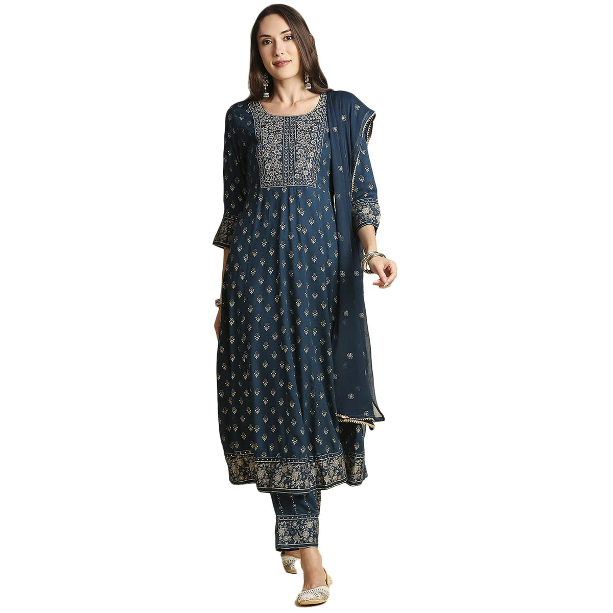 Anubhutee Navy Blue Ethnic Print Anarkali Kurta Pant Suit Set With Dupatta For Women