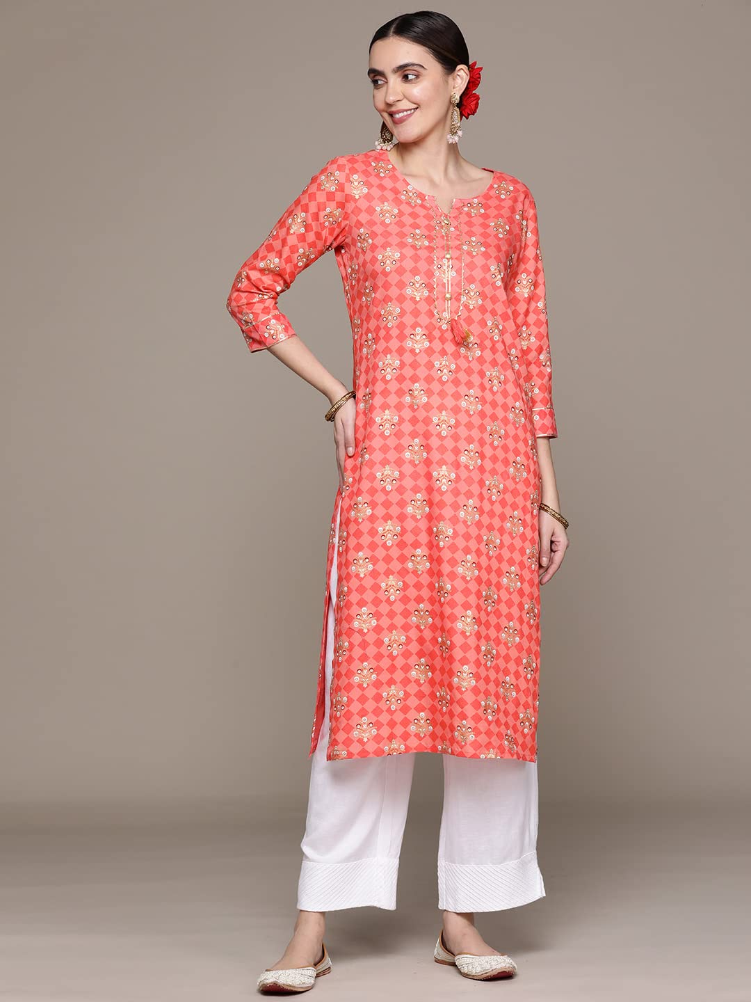 anubhutee Women's Rayon Orange Foil Print Floral Printed Straight Kurta