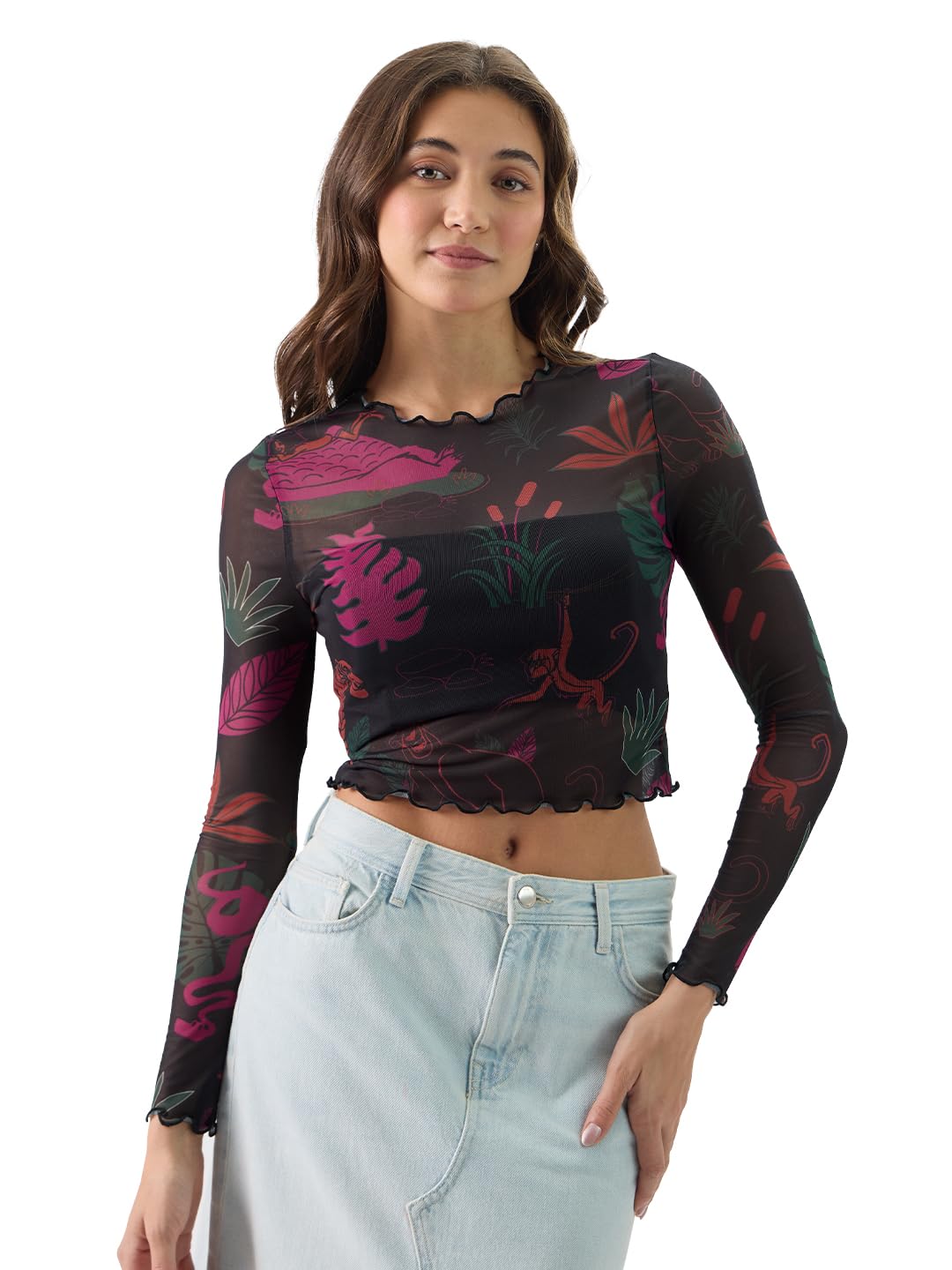 The Souled Store Official Mowgli & Friends Women and Girls Round Neck Full Sleeve Slim Fit Mesh Cropped Tops Black