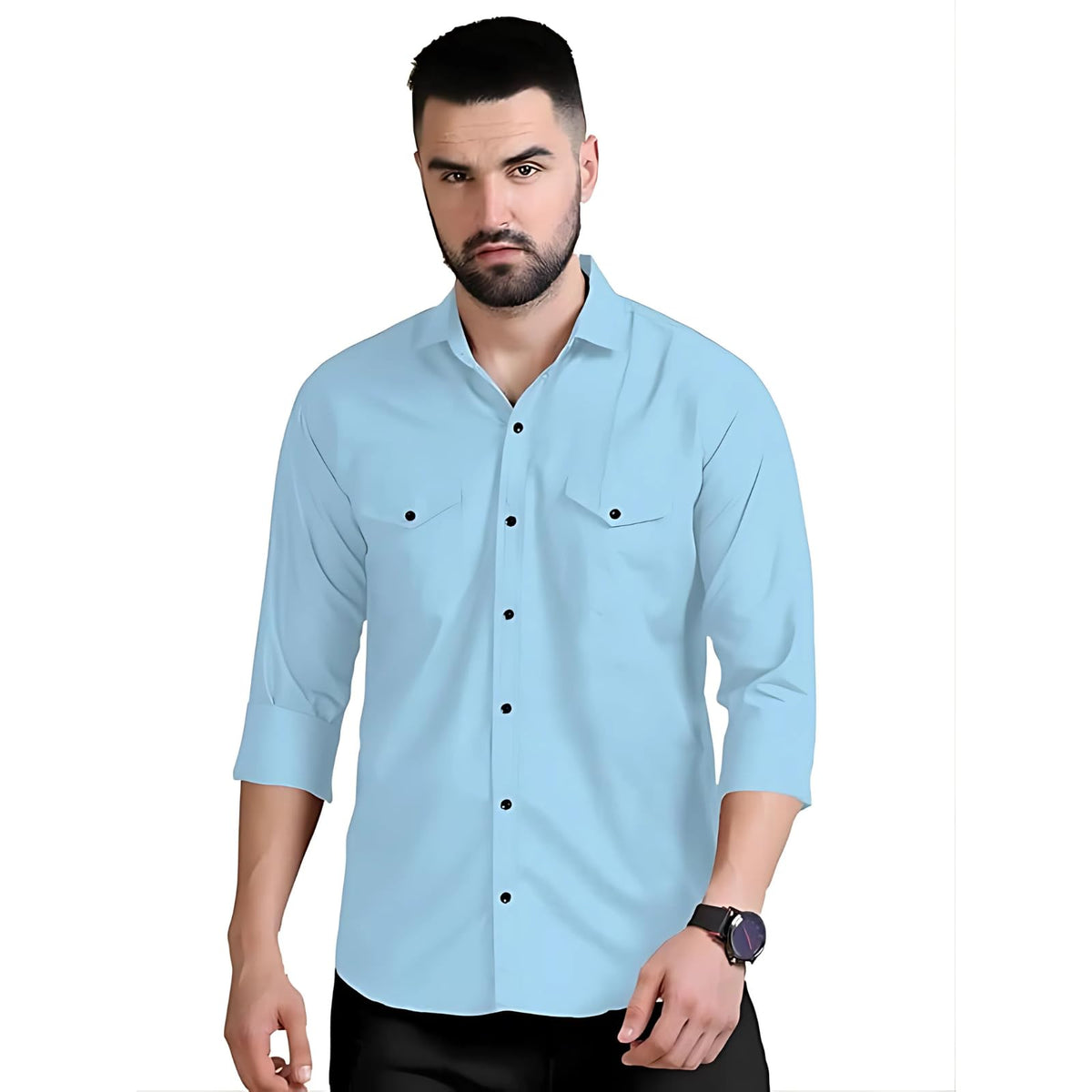 Rebelify MenS Double Pocket Shirt Classic Casual Cotton Blend With Adjustable Cuffs Sky Blue