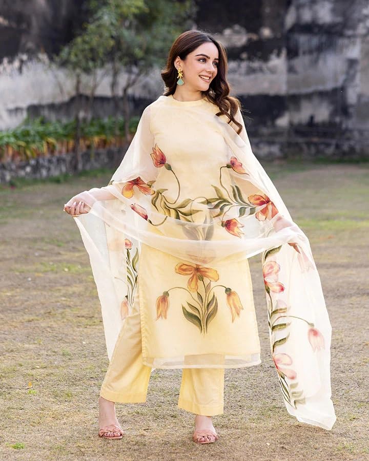 ANNI DESIGNER Chanderi Cotton Dupatta Kurta Trousers, 3XL, Cream, Model FALAK-CREAM-SM_2054