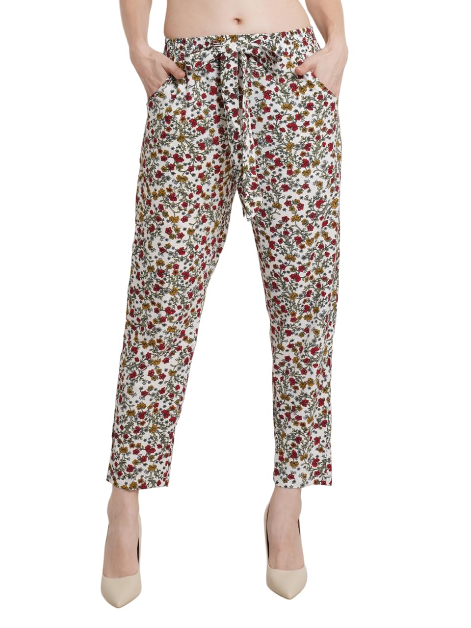 POPWINGS Women Casual White Floral Relaxed Fit Winted Trouser Trousers for Women | Stylish Trousers for Women Trousers for Women