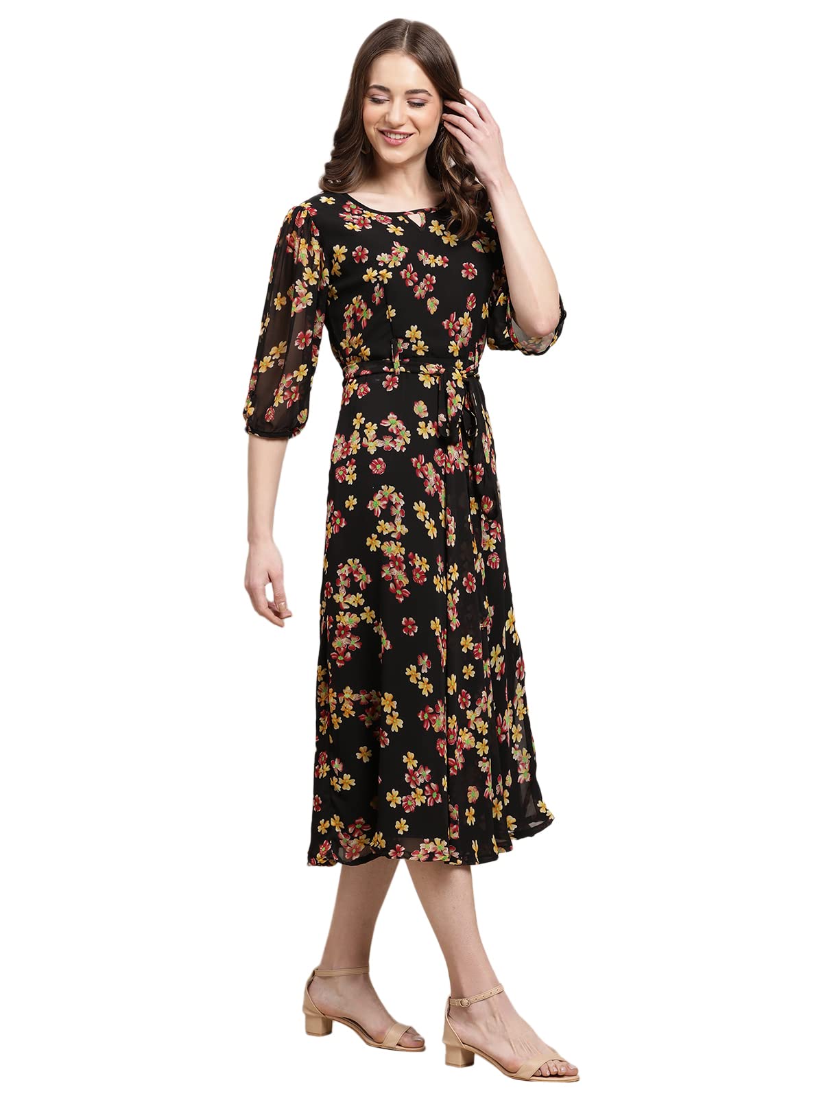 Preneum Womens Maxi Fit & Flare Latest Style Print Georgette Regular Sleeves Casual Summer Maxi Dress || Festival & Occasion, B