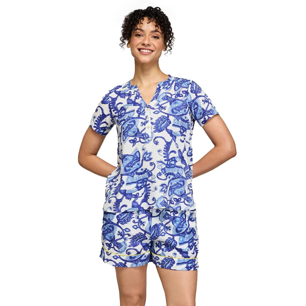 Nykd (Nys930 Printed Rayon Coords Night Suit For Women | Relaxed Fit V Neck Top With Non Slip Adjustable Waistband Shorts | Perf
