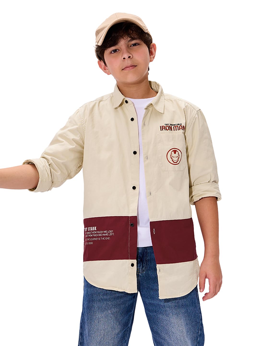 The Souled Store Iron Man: Suit Up Young Boys Long Sleeves Collared Neck Button Front Multicolor Graphic Printed Cotton Shirts