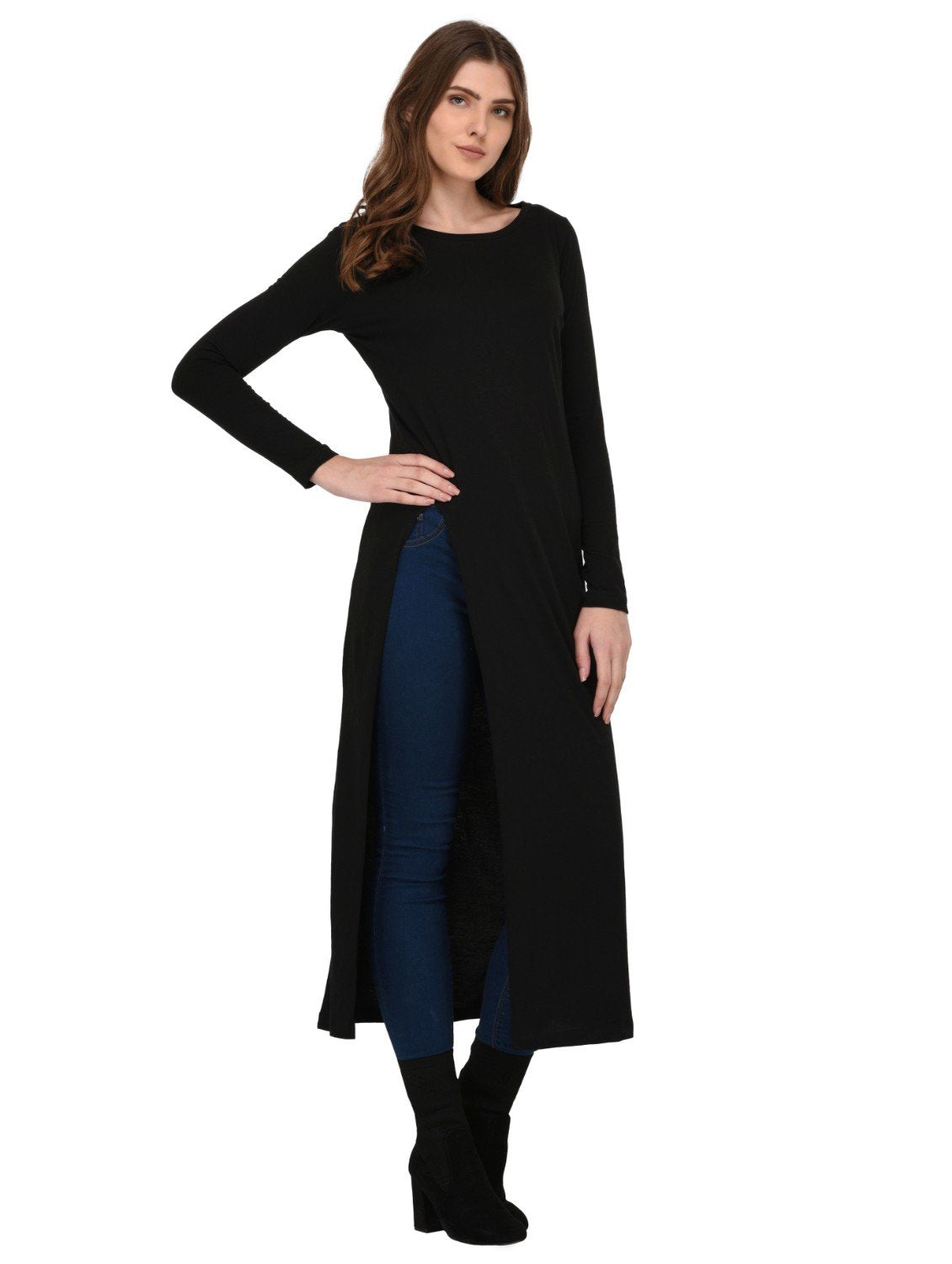 Rigo Cotton Maxi Full Sleeve Top for Women | Front Slit, Round Neck Maxi Top for Women | Longline Stylish Tops for Women | Weste