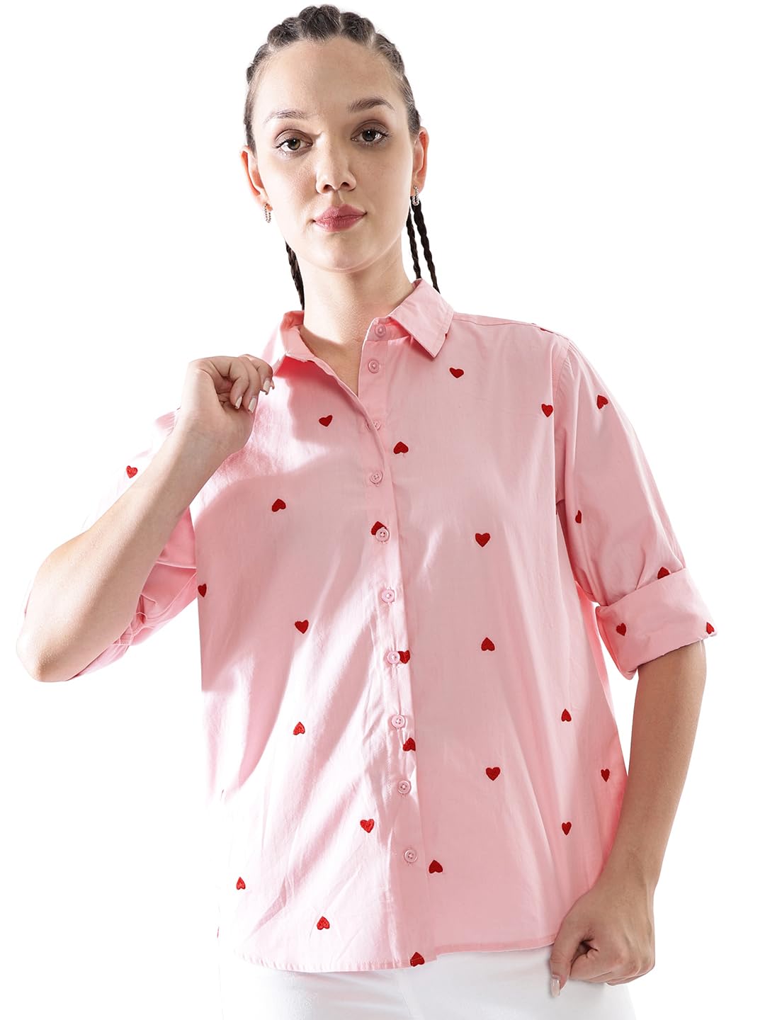 Hubberholme Women Oversized 100% Cotton Embroidered Spread Collar Shirts-2