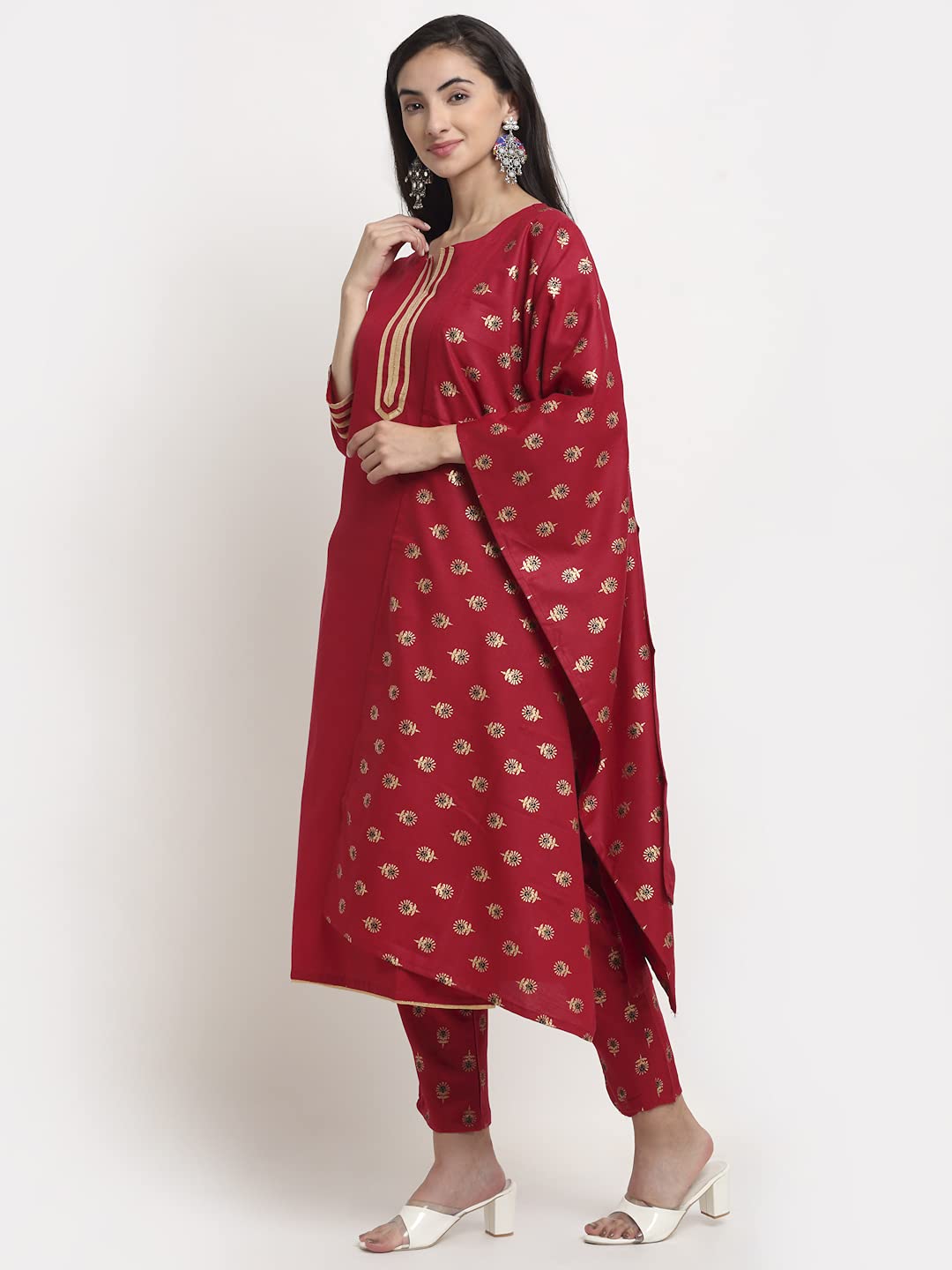 ANNI DESIGNER Women's Cotton Straight Kurta with Pant & Dupatta (GOURI RED)