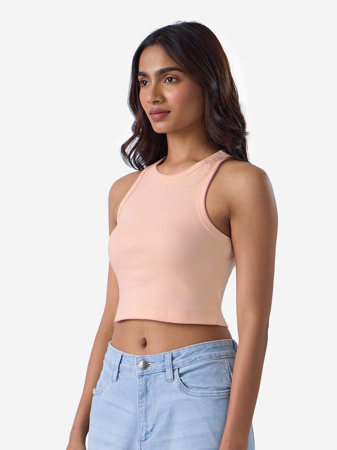 The Souled Store Solids: Nude Pink Women and Girls Round Neck Sleeveless Cotton Blend Tank Tops