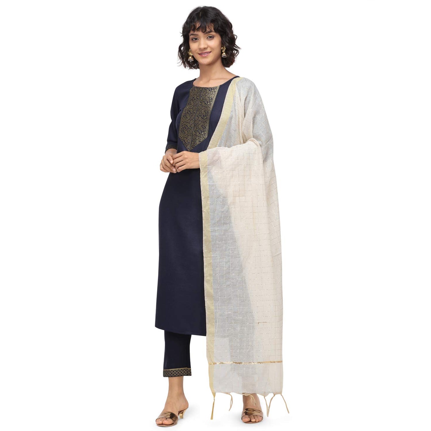 Nainvish Women'S Cotton Blend A-Line Embellished Kurti Pant With Dupatta (Sd095-L_Navy Blue)