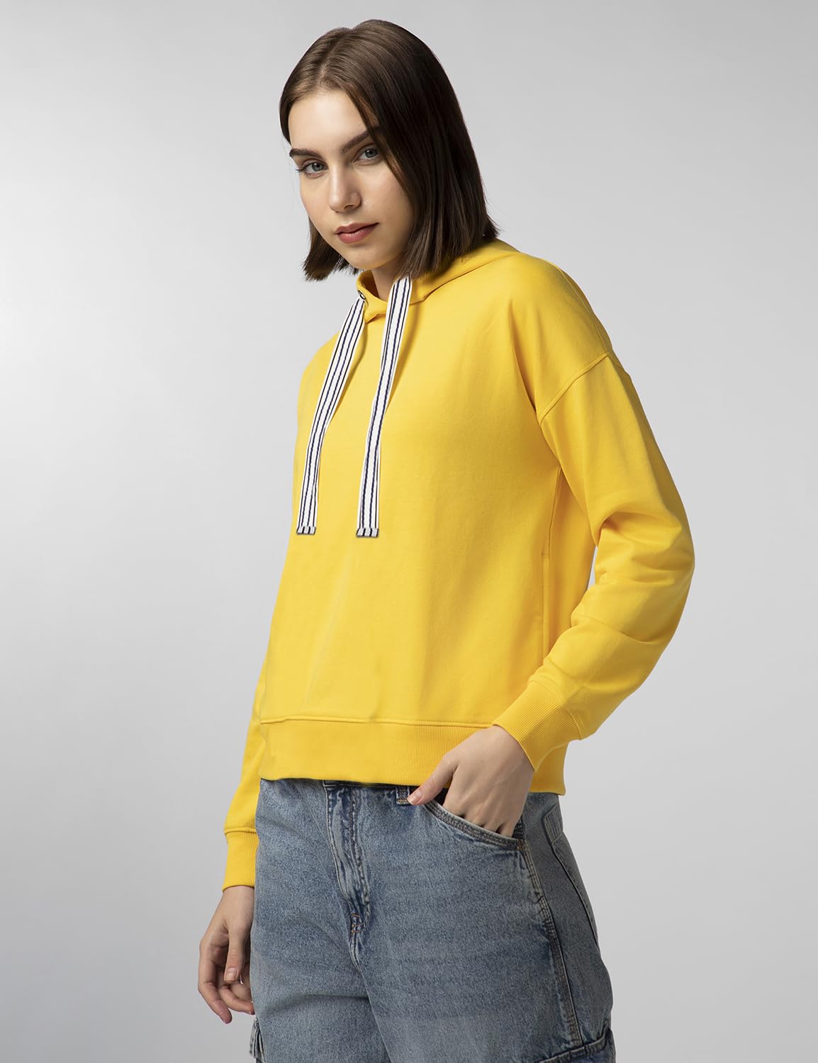 FYLTR Womens Casual Hoodie with Stripe Tape - Rib Hem & Cuff | Drop Shoulder | Casual Winterwear for Women Mellow Yellow