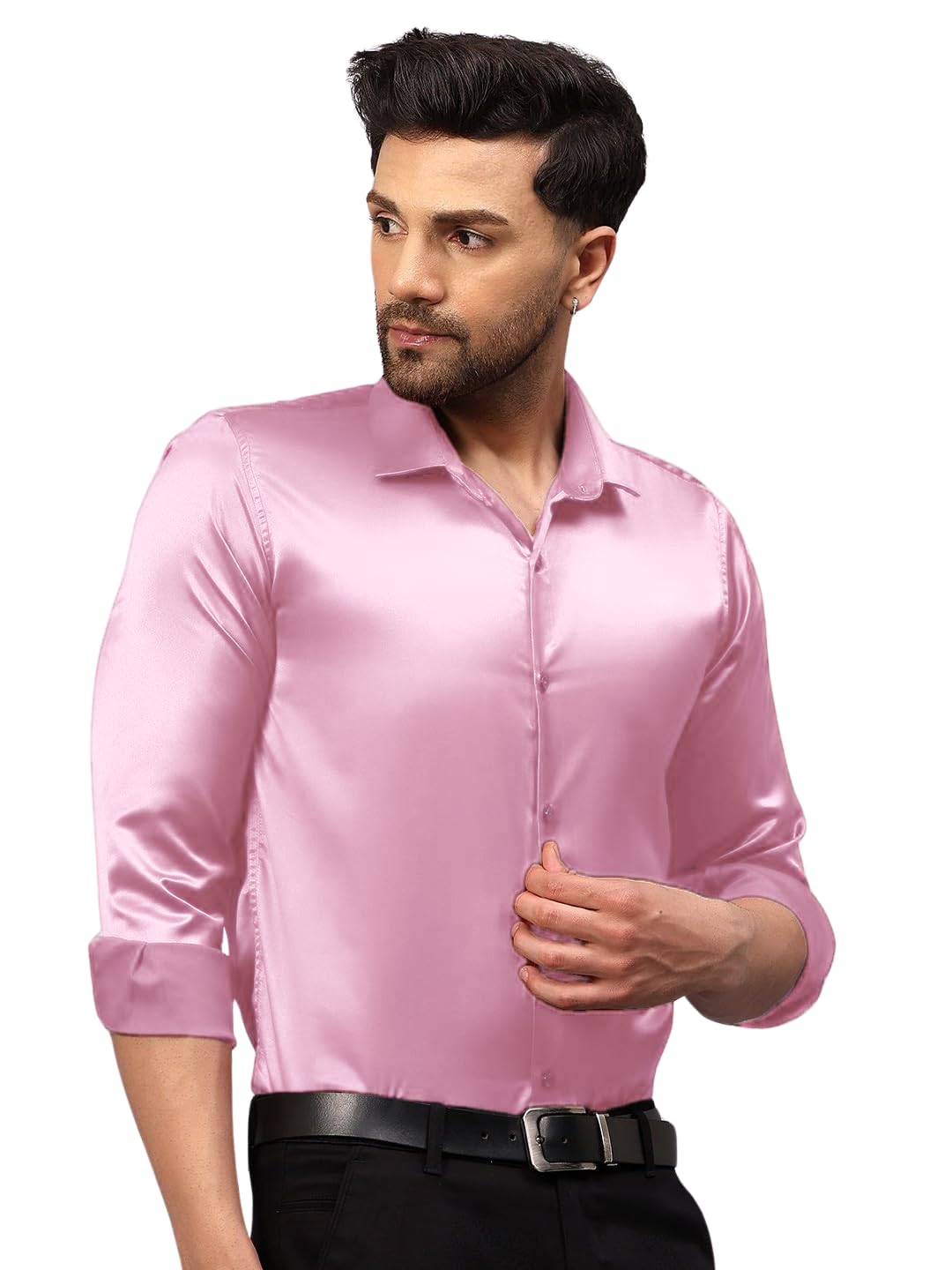 Indoprimo MenS Premium Solid Satin Casual Party Shirt Full Sleeve Baby Pink