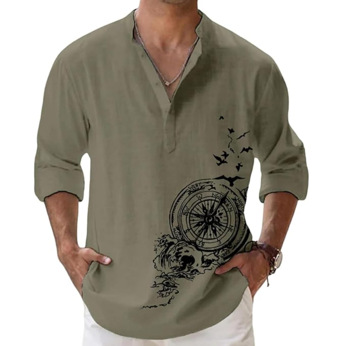 Deemoon MenS Cotton Blend Mandarin Collar Self One Design Full Sleeve Casual Short Kurta