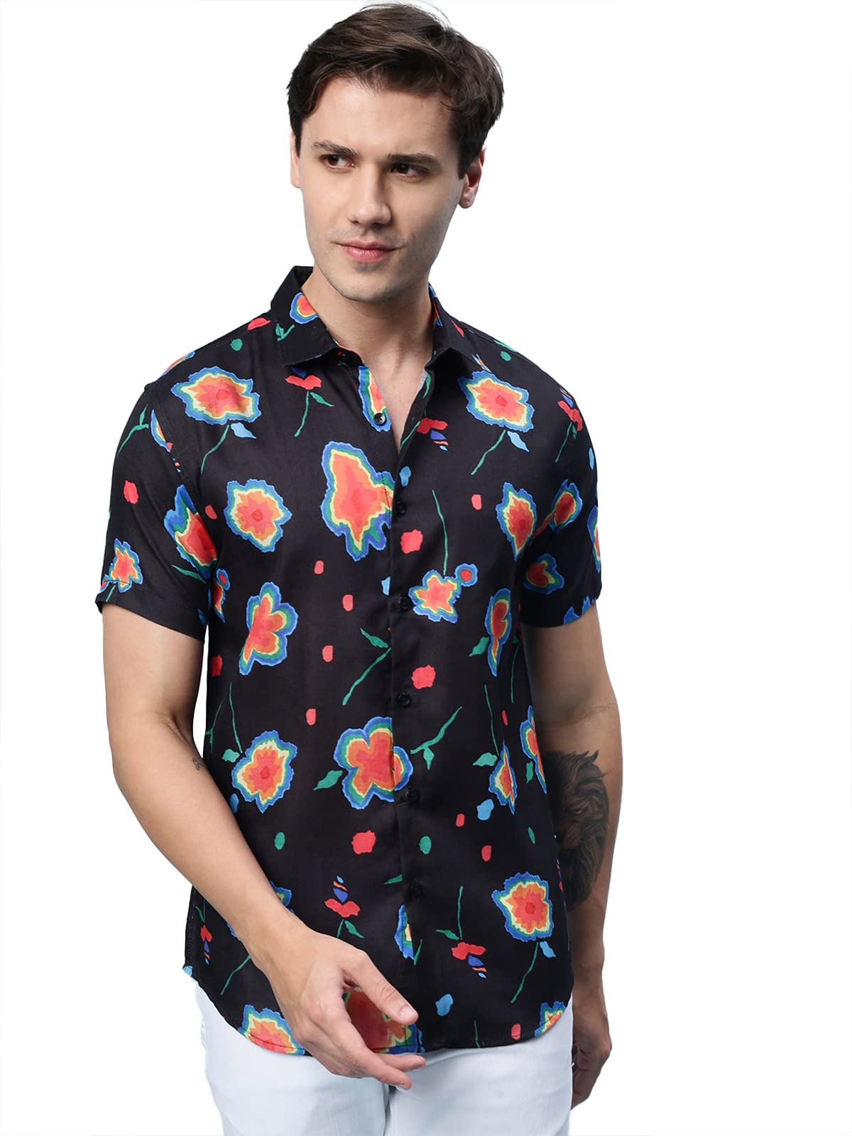 Veirdo Mens Floral Printed Polyester Short Sleeve Spread Collar Shirt