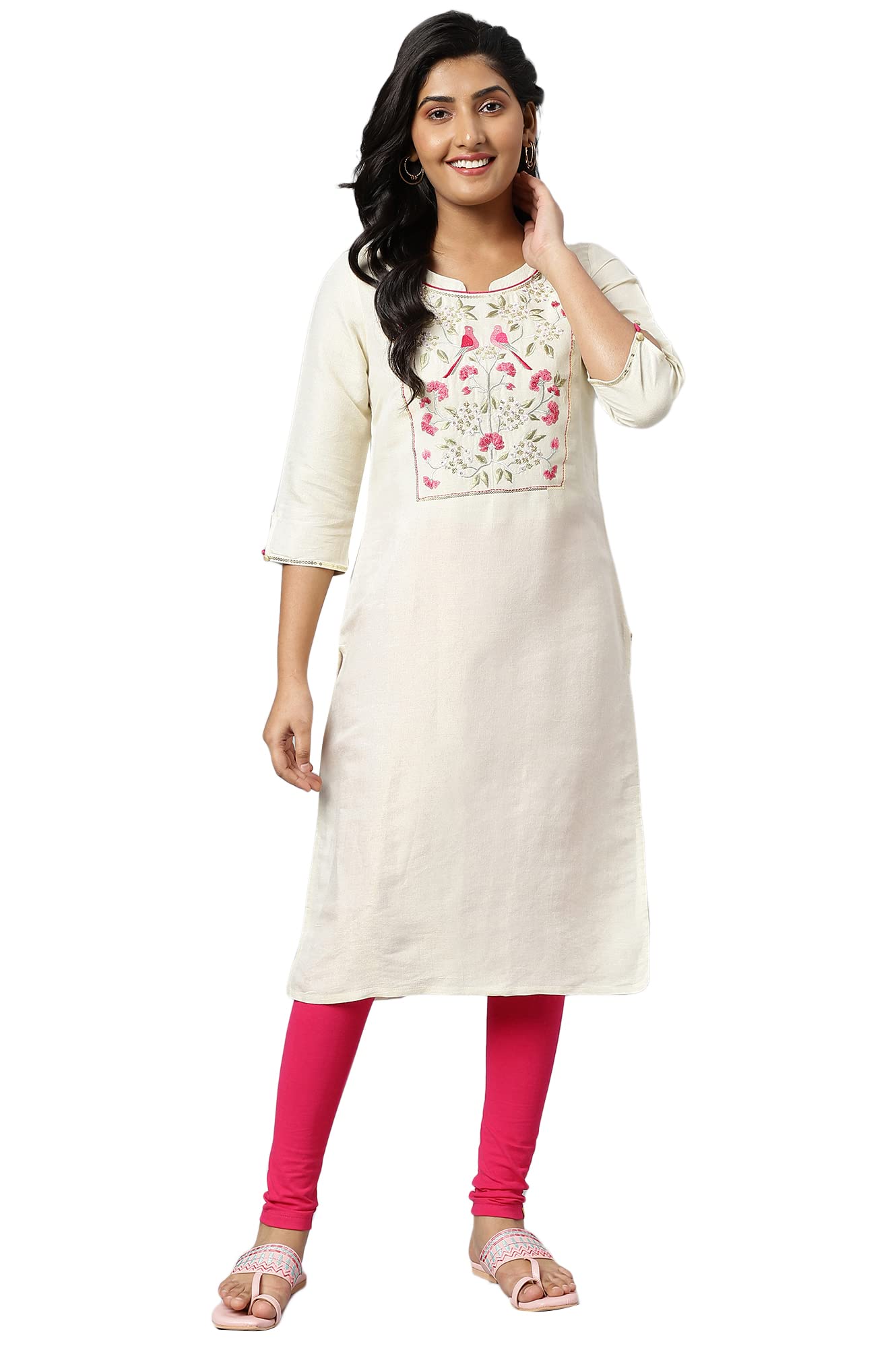 Aurelia Women Off White Viscose Zari Solid Yarn Dyed Straight Kurta
