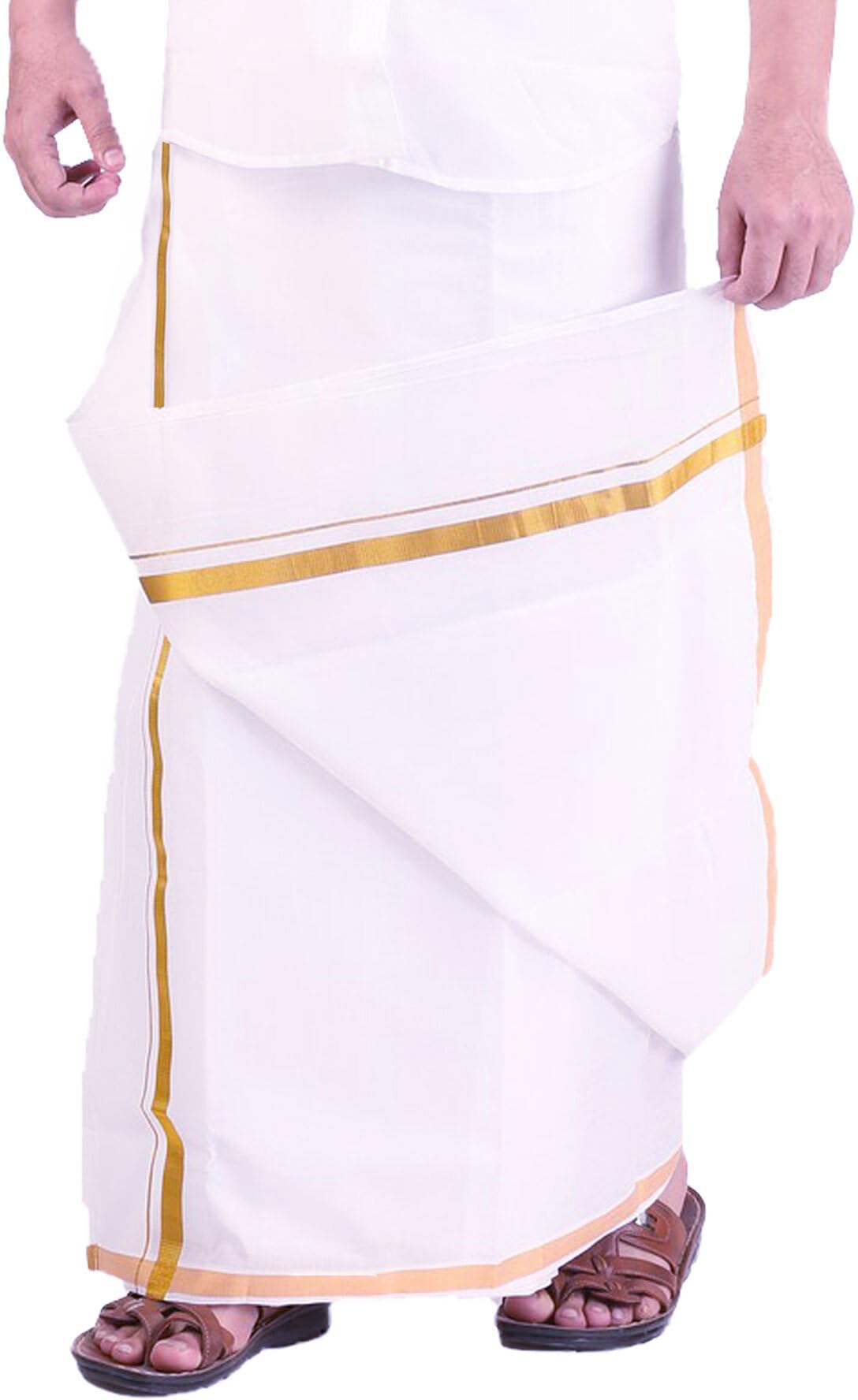 Prakasam Cotton MenS Fine Quality Welcro Pocket Jari Cotton Double Dhoti (28)