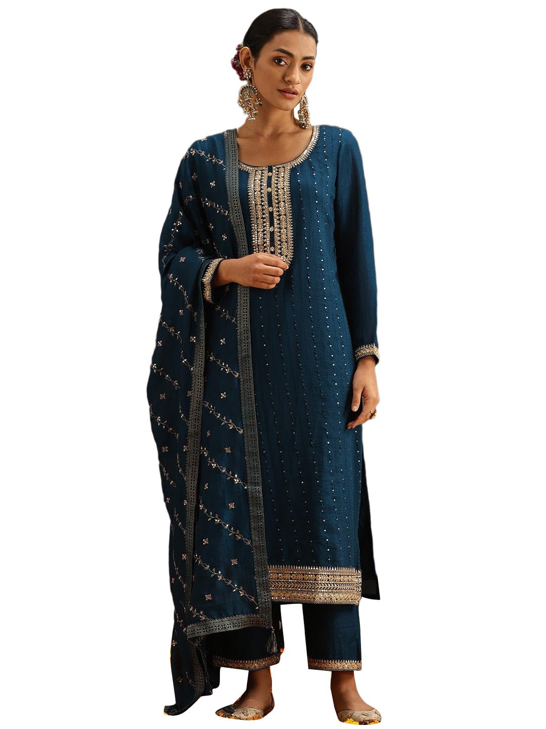 Libas WomenS Silk Blend Kurta Sets (38093O_Teal
