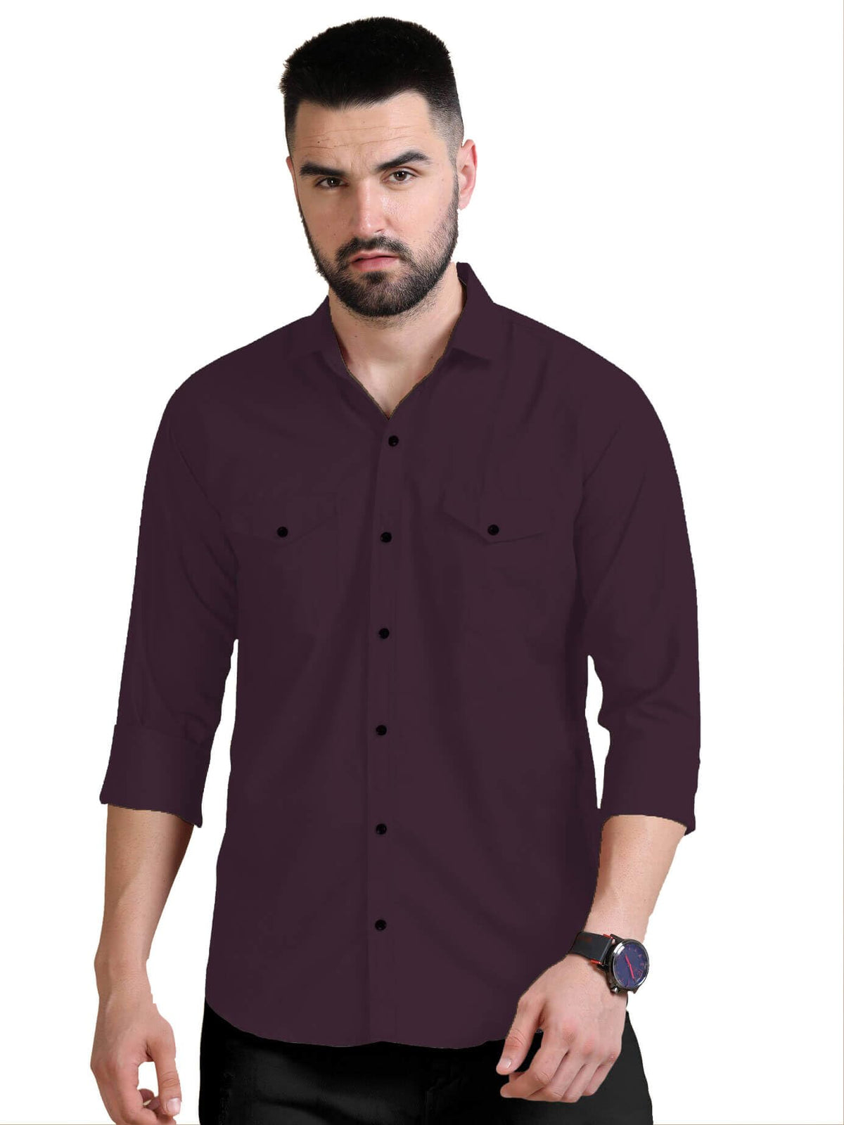 Rebelify MenS Double Pocket Shirt Classic Casual Cotton Blend With Adjustable Cuffs Purple