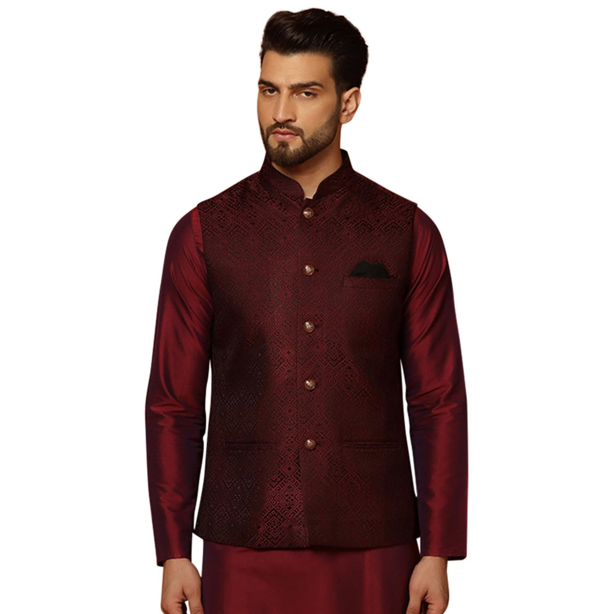 Kisah MenS Nehru Jacket Ethnic Festive Maroon Waistcoat Cotton, Regular Fit