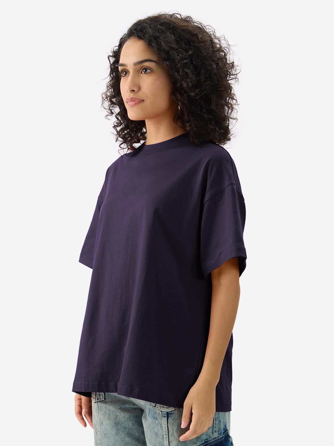 The Souled Store Solids: Berry Purple Women and Girls Short Sleeves Round Neck Cotton Oversized T-Shirts