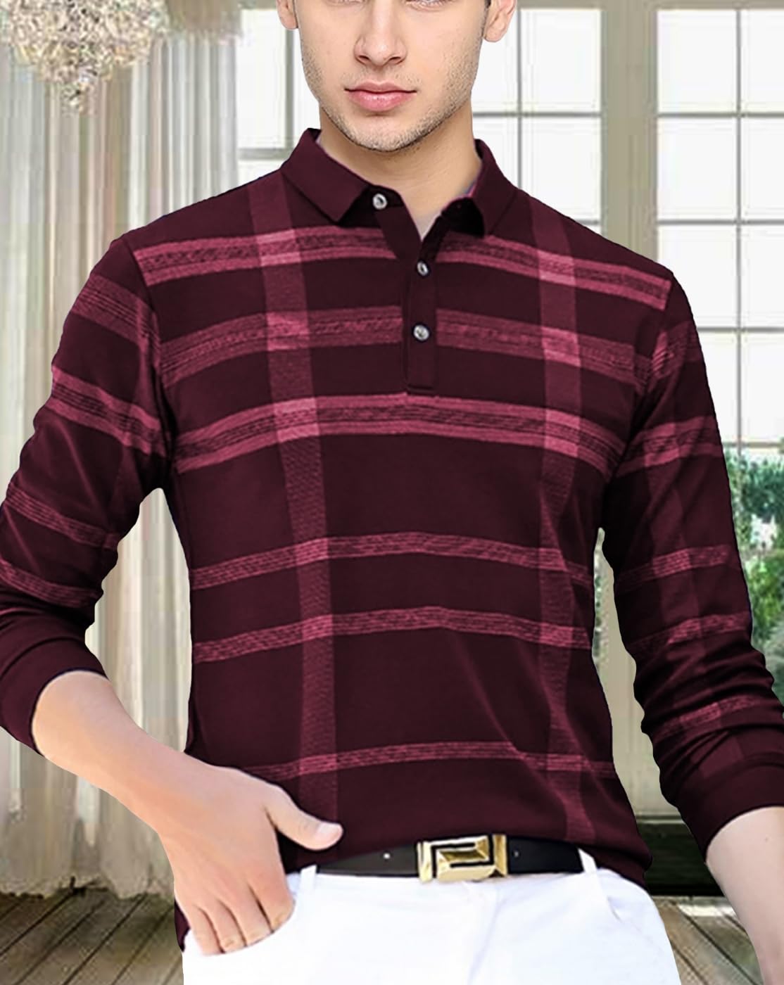 Noble Monk MenS Polo Neck Full Sleeves T-Shirt | Causal Tshirt For Men Wine Melange