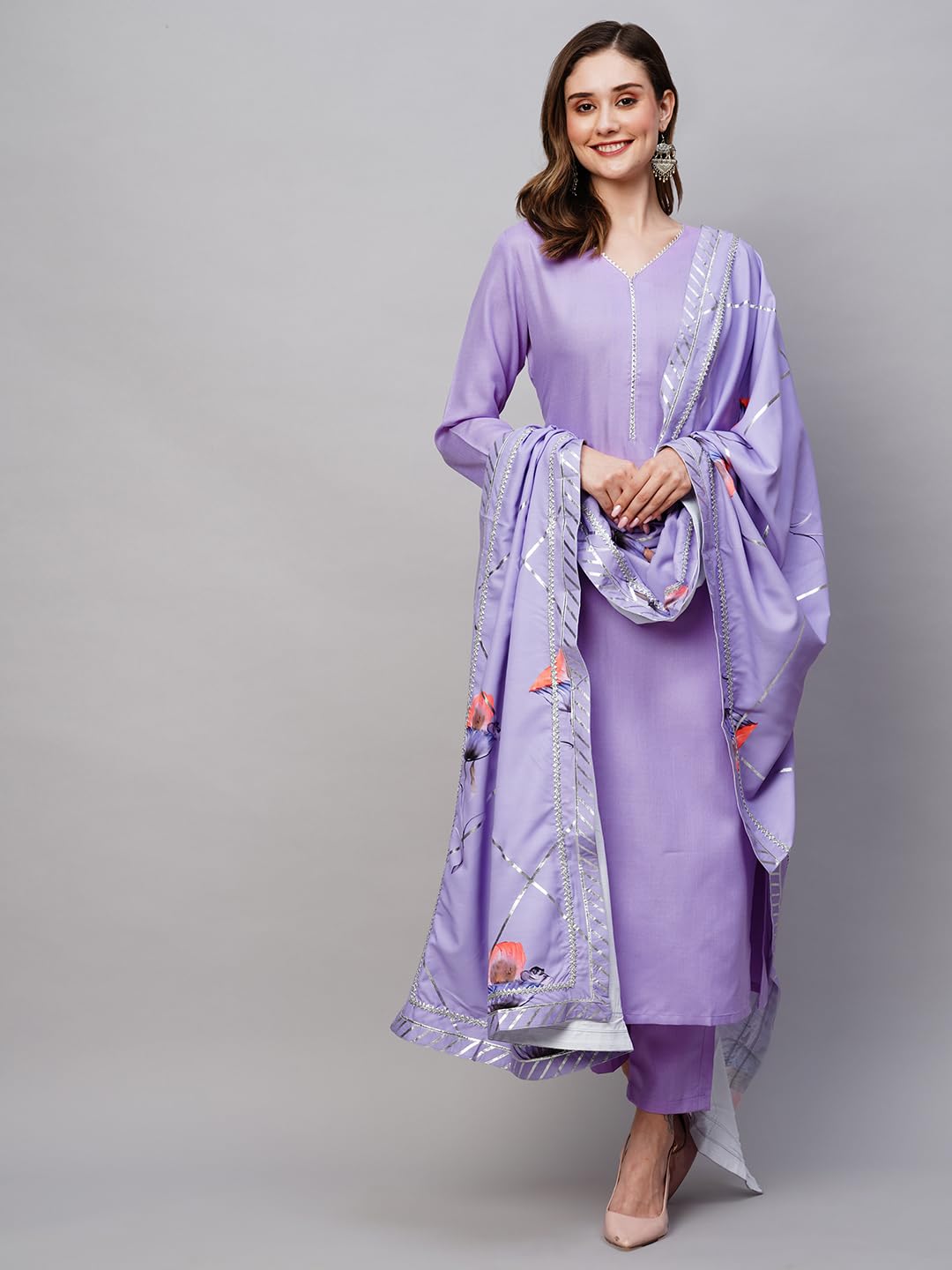 GoSriKi Women's Cotton Blend Straight Solid Kurta with Pant & Dupatta (SWAGATAM-Purple-NW-GS)