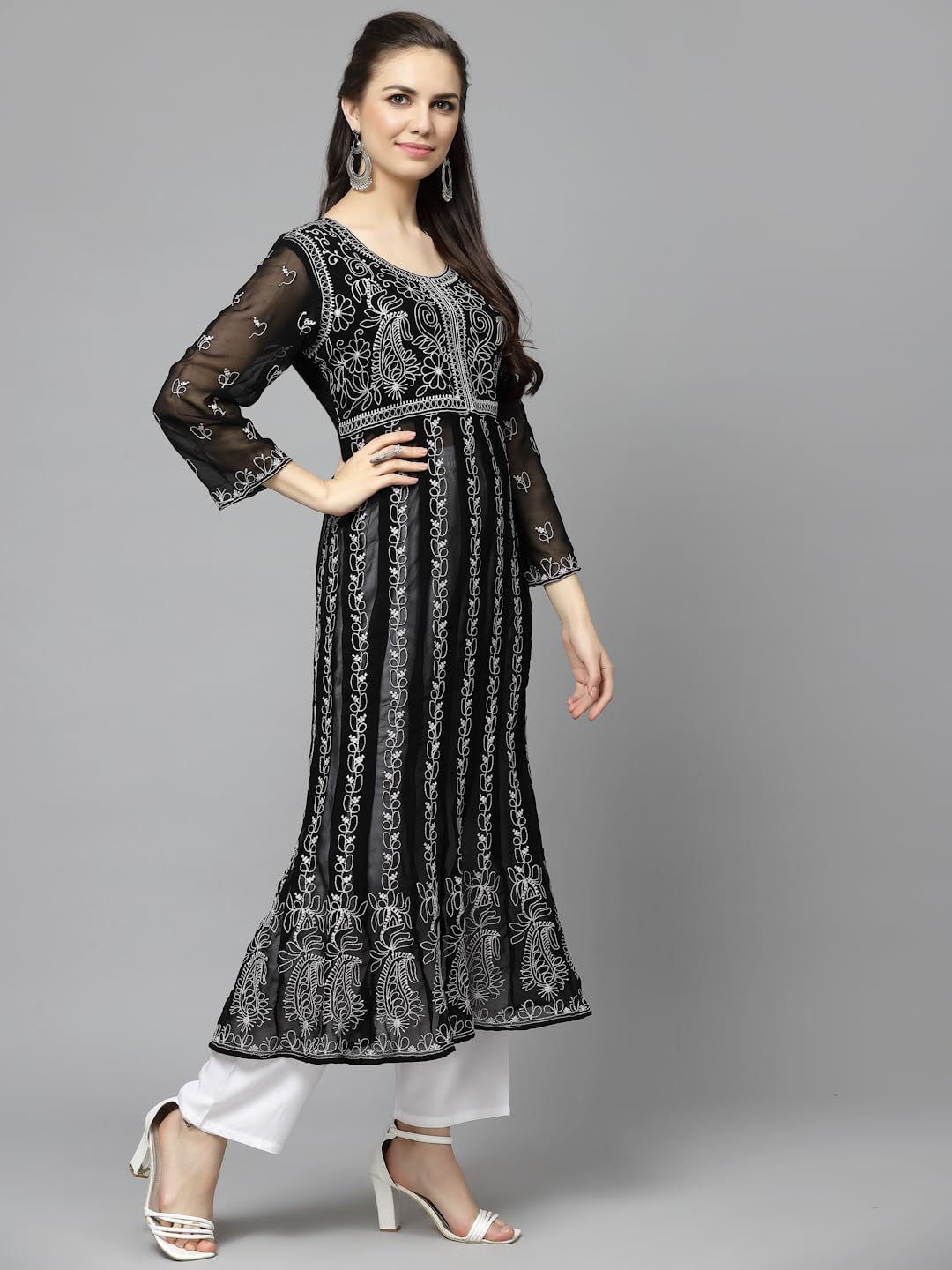 LookMark Chikan Regular Women's Chikankari Georgette Black Color Long Sleeve Embroidered Anarkali Nayra Kurta(K1112-L)