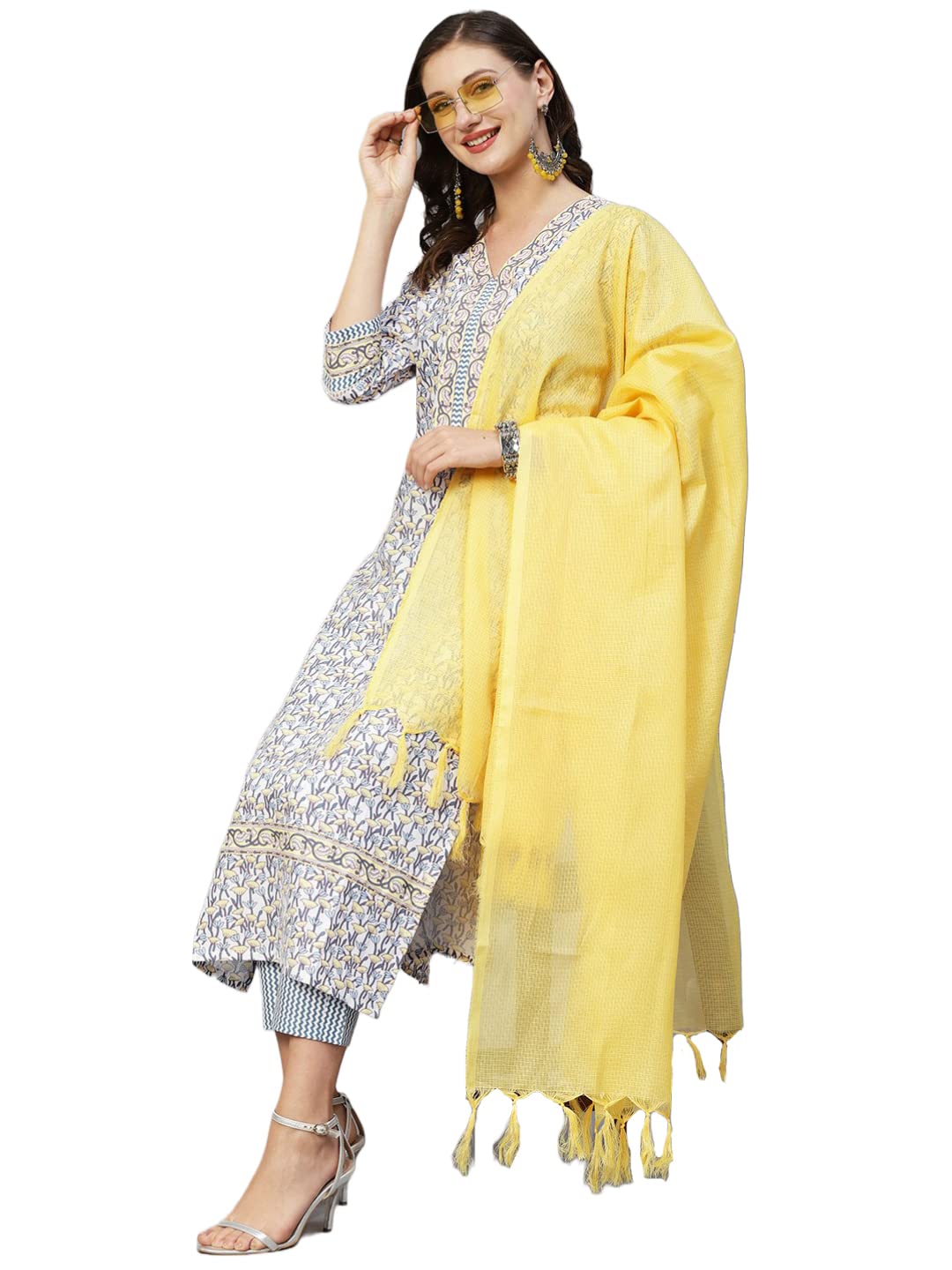 GoSriKi Womens Cotton Blend Straight Kurta with Pant & Dupatta (MURHAR-Yellow-CMD-GS)