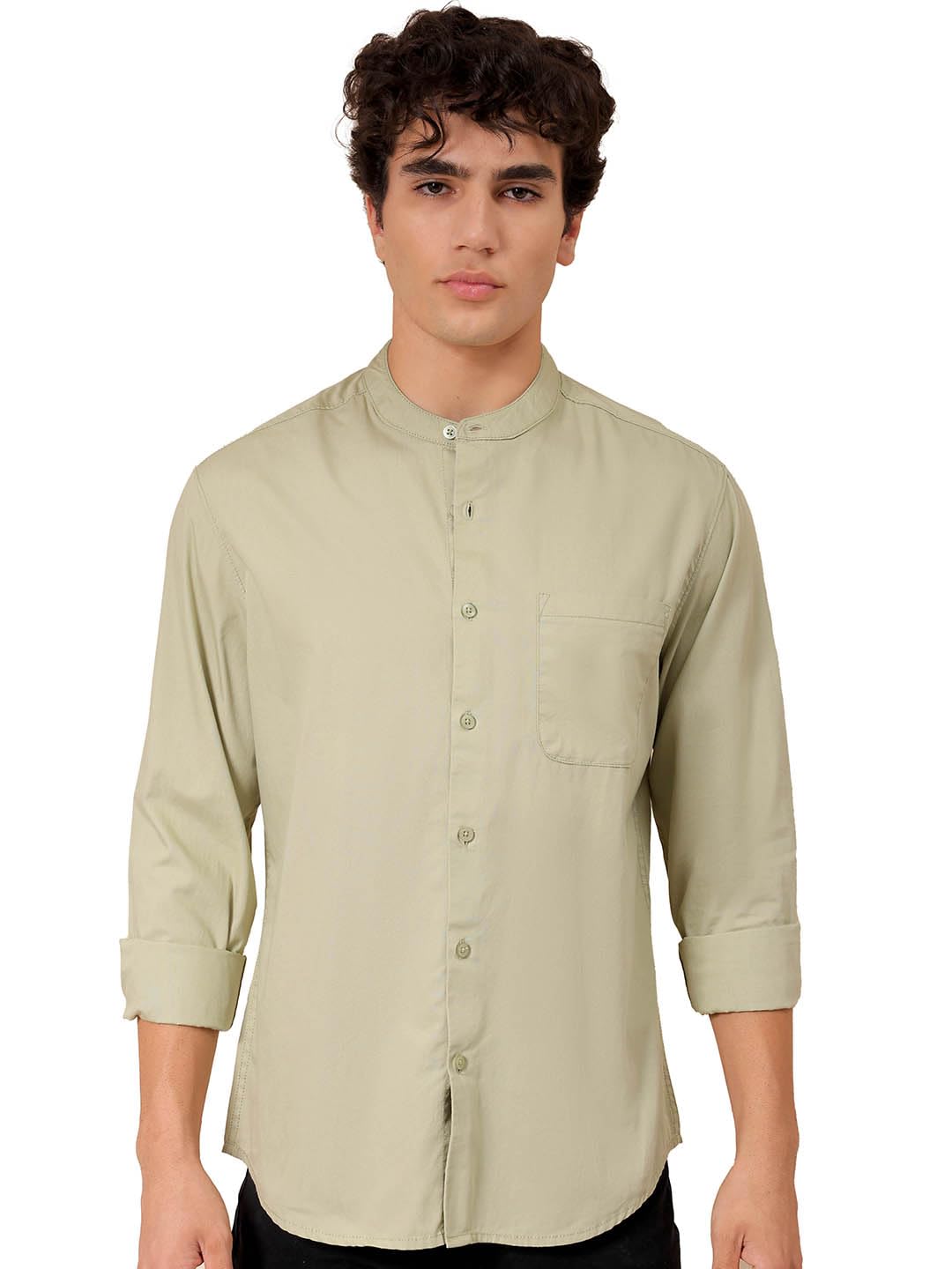 The Indian Garage Co Green Regular Fit Mandarin Collar Solid Long Sleeves Shirt