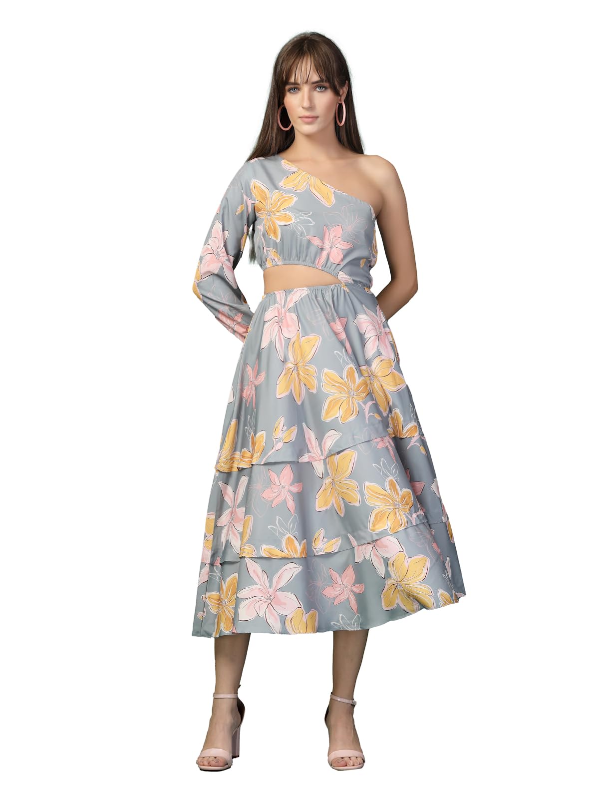 Oomph! WomenS Western & Fusion Wear Printed Crepe Dress For Women, One Shoulder, Grey - Md1082