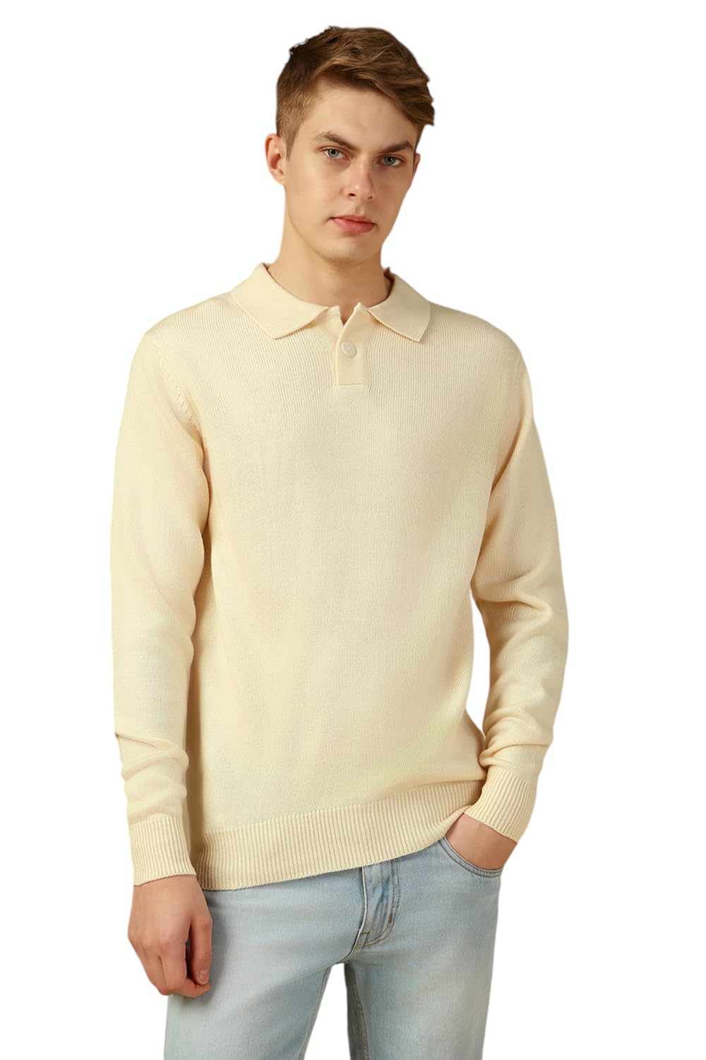 Dennis Lingo Men Off White Solid Slim Fit Full Sleeve Polo Pullover