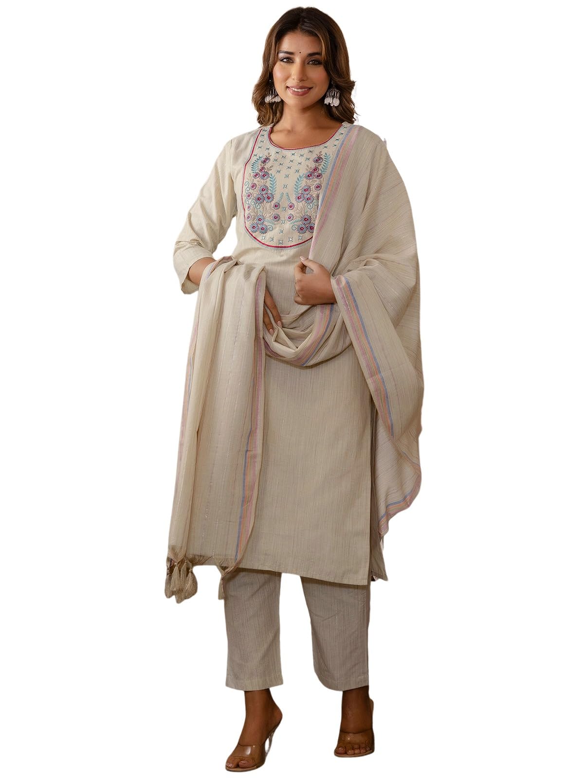 Sanisa Women's Cotton Blend Weaving & Embroidery Straight Kurta with Pant and Dupatta Set