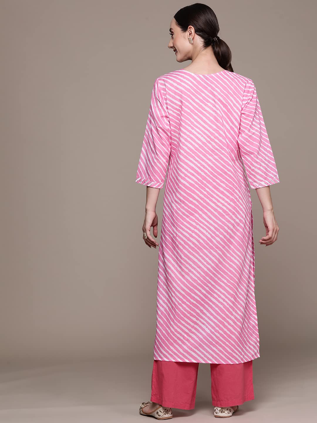 ishin Women's Cotton Blend Sea Green Leheriya Printed A-Line Kurta
