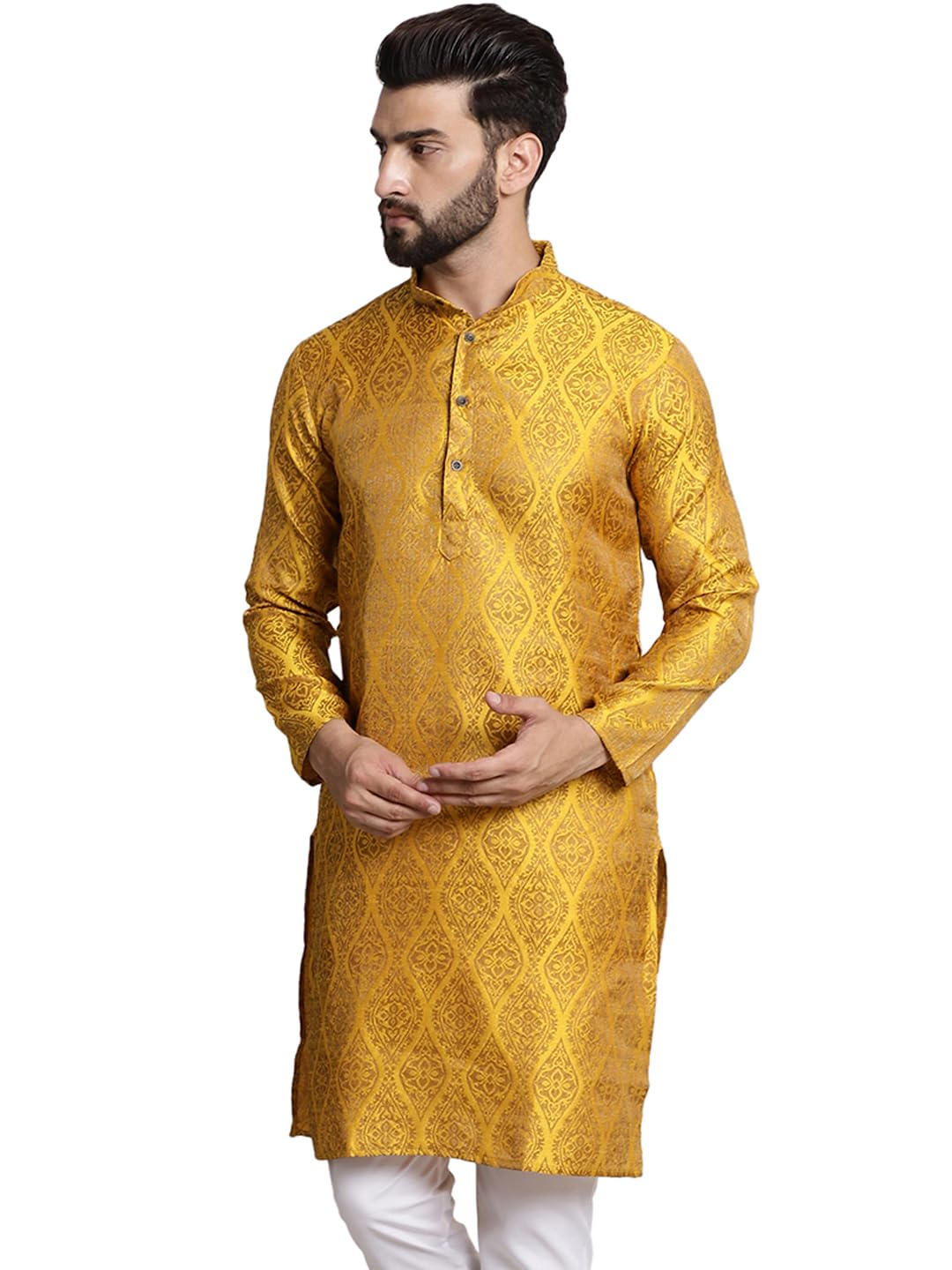 SOJANYA (Since 1958 Men's SilkBlend Mustard Color Self Design only Long Kurta