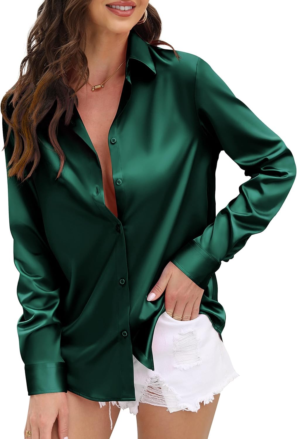 Indoprimo WomenS Satin Shirt With Spread Collar Neck Line Solid Pattern Full Sleeves Regular Fit Western Style And Standard Len