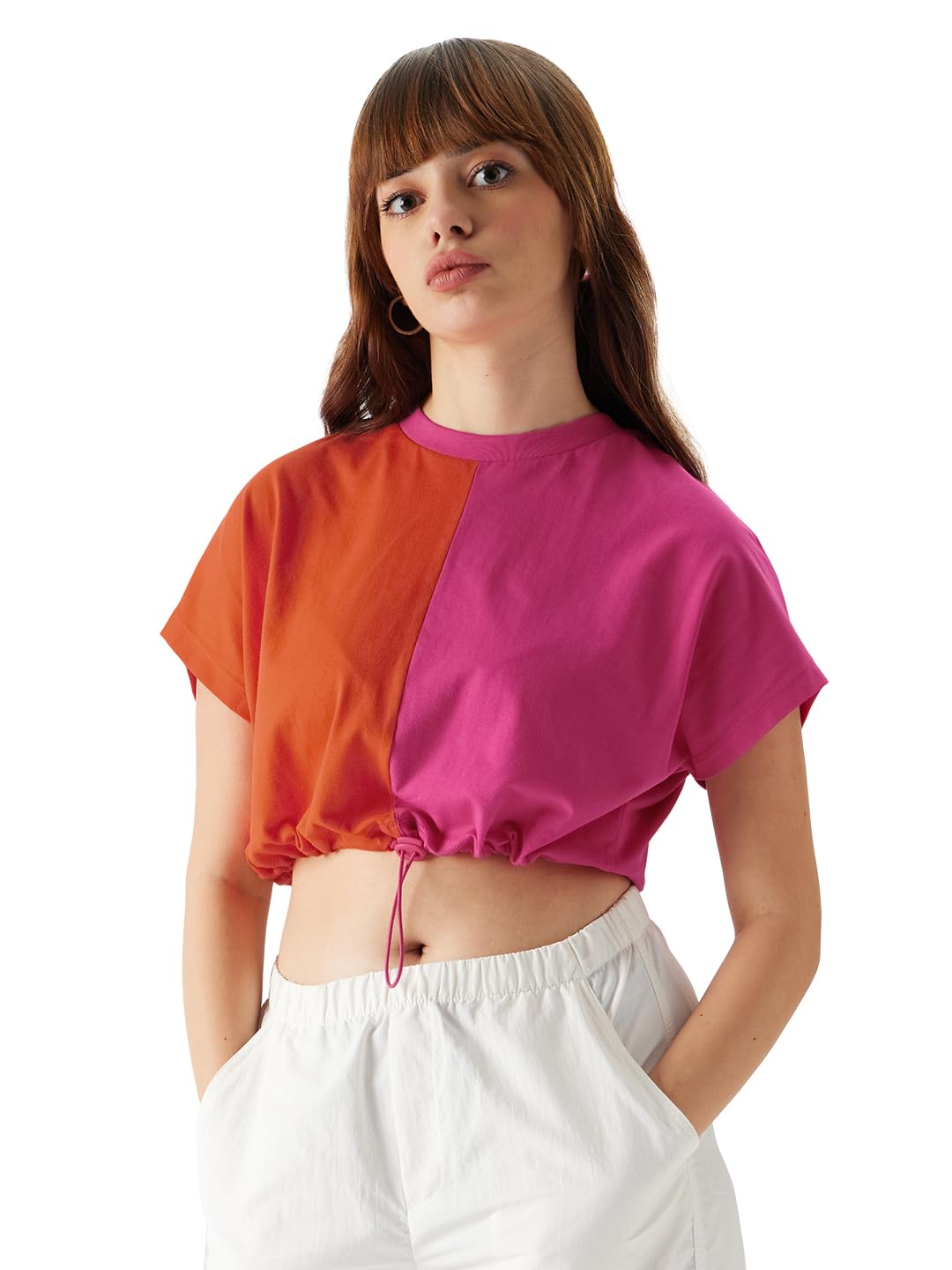 The Souled Store Colourblock: Blazing Orange, Hot Pink Women Cropped Tops
