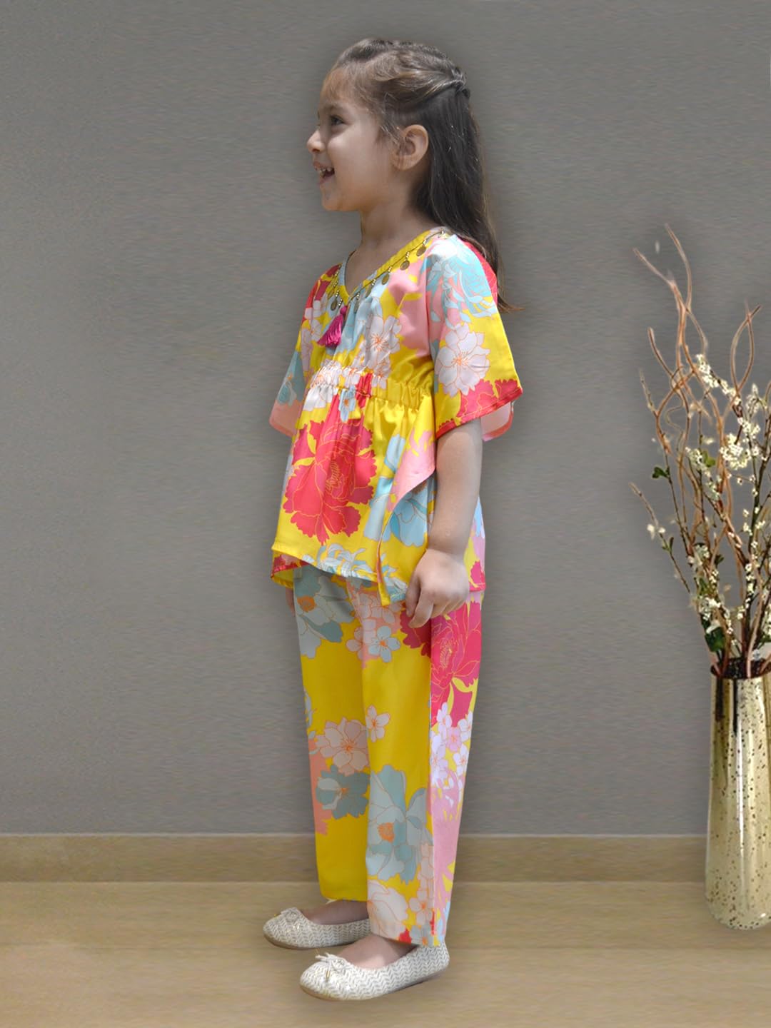 A.T.U.N. (ALL THINGS UBER NICE) Girls Yellow Floral Printed Polysilk Top with Straight Pant Set