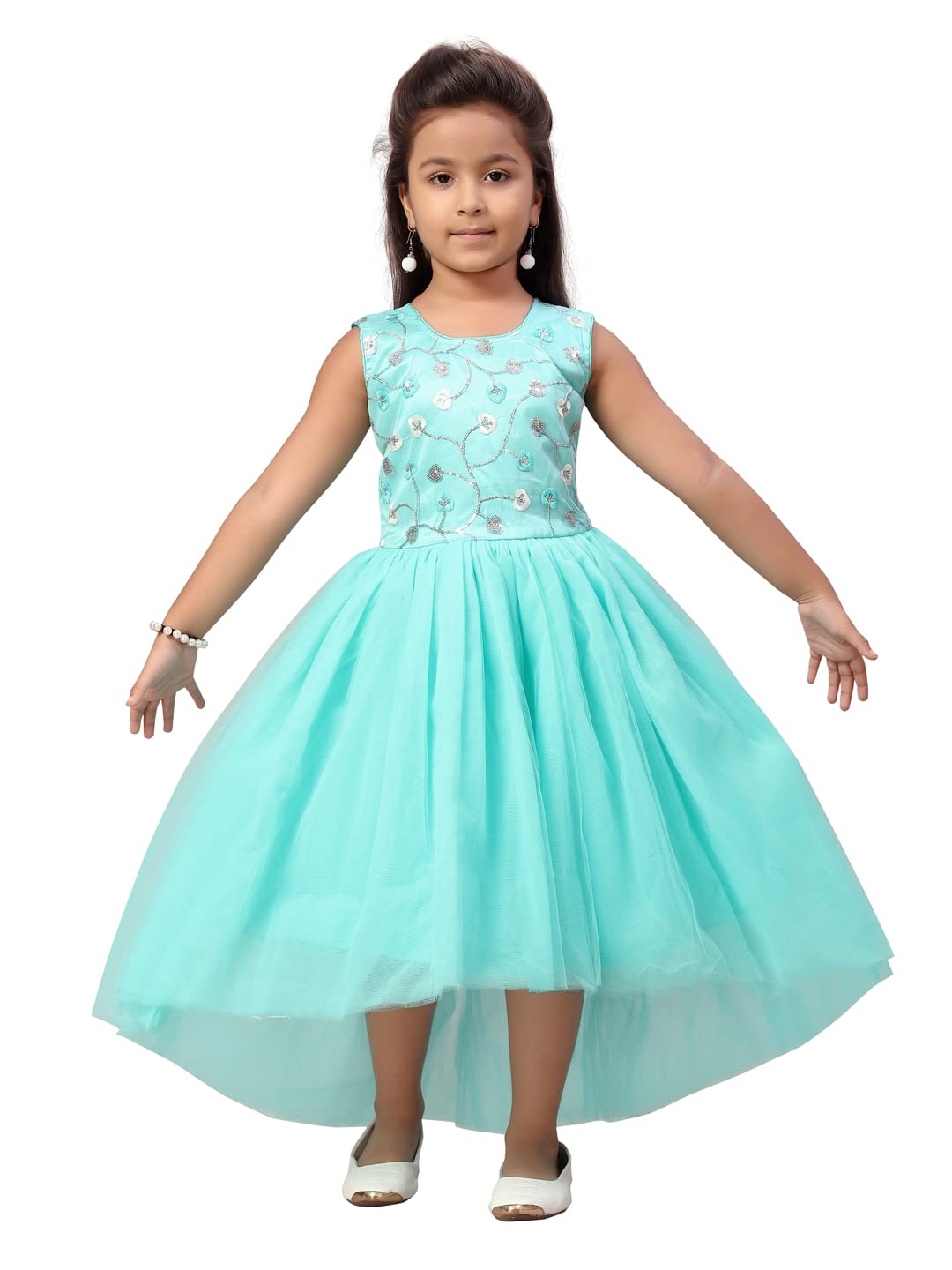 Aarika Girl's Nylon A-Line Floor Length Dress (FK-3006_Firozi_30)
