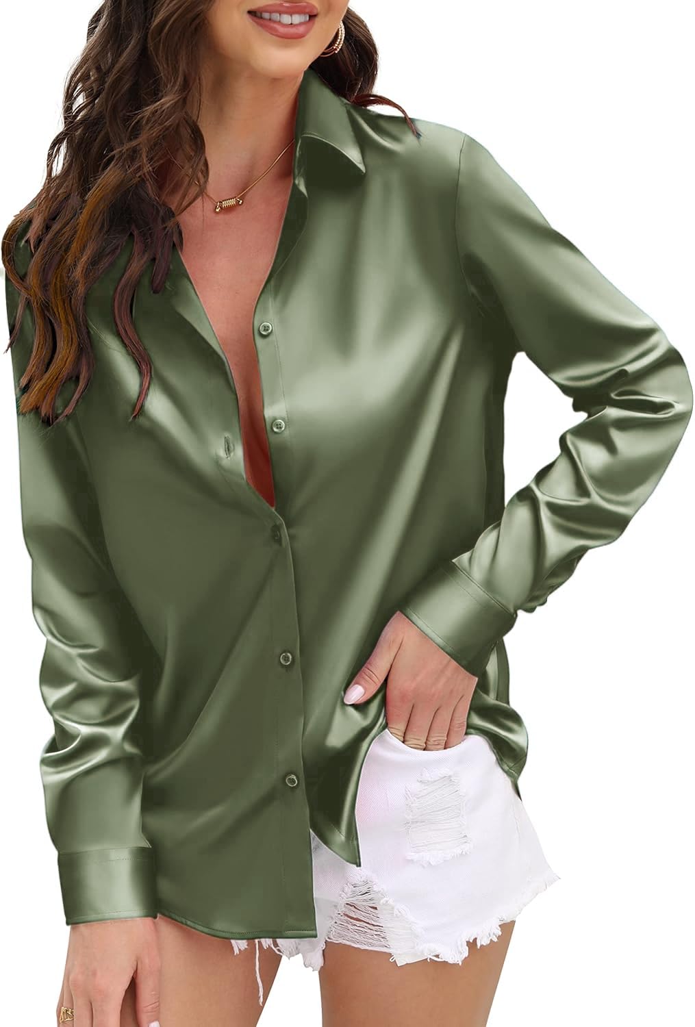 Indoprimo WomenS Regular Fit Satin Shirt Full Sleeve