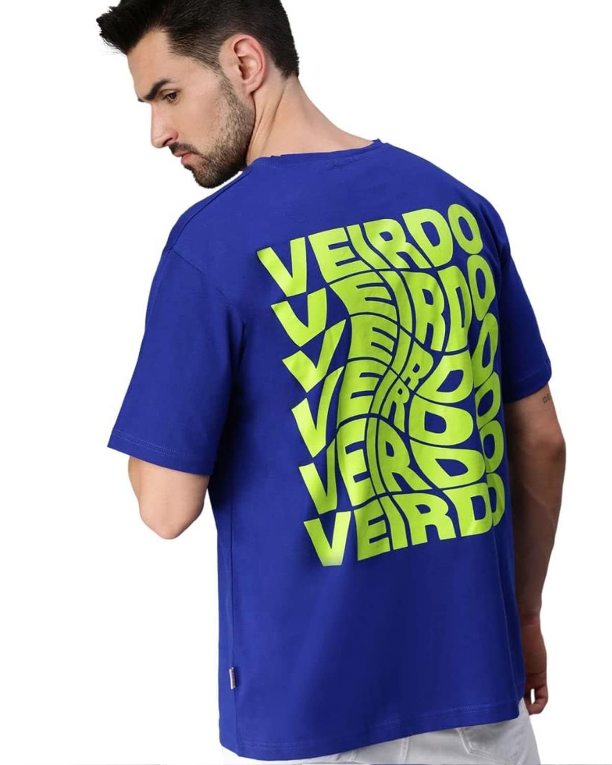 Veirdo Mens Oversized Cotton Graphic Print Round Neck T-Shirt with Back Print