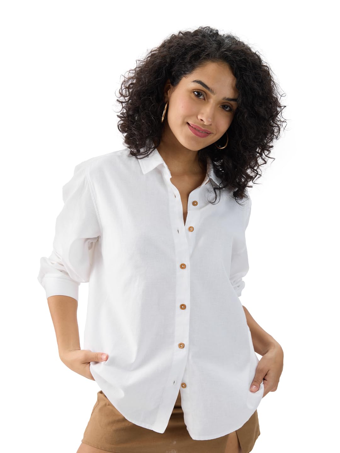 The Souled Store Cotton Linen: White Women and Girls Long Sleeves Collared Neck Button Front Solid Regular Fit Shirts