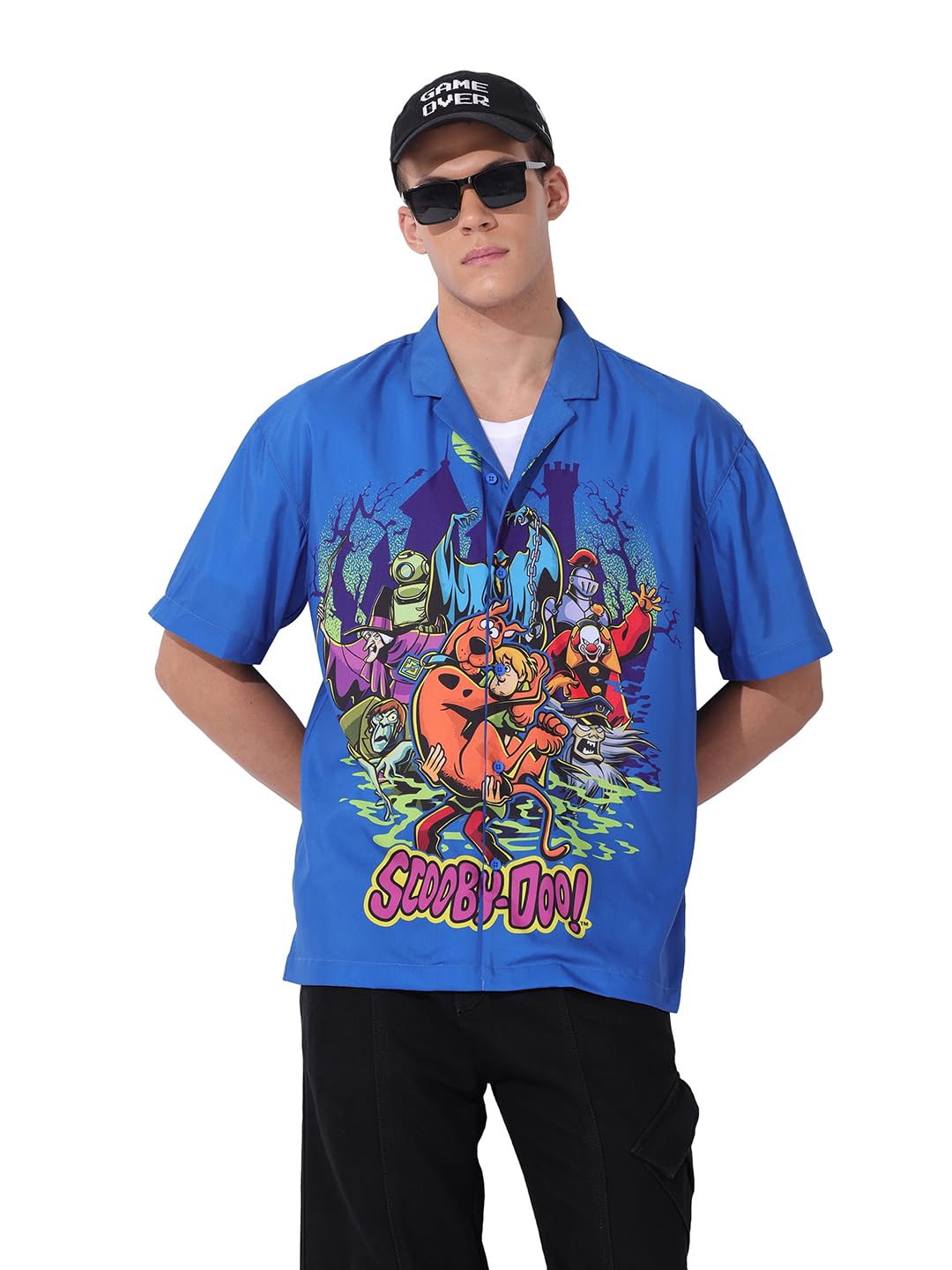 The Indian Garage Co Mens Relaxed Fit Character Print Cuban Collar Half Sleeves Street Sweater