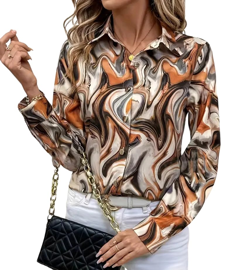 Indoprimo WomenS Satin Shirt With Long Sleeves Western Style Spread Collar Neck Relaxed Fit Abstact Printed Pattern And Standar